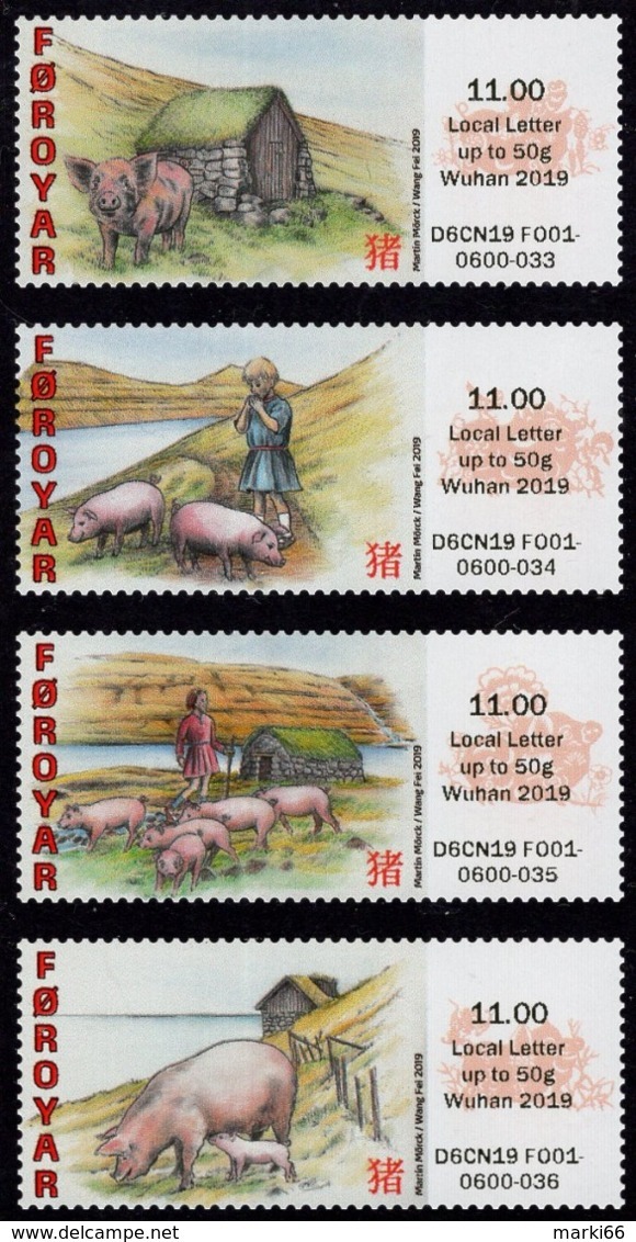Faroe Islands - 2019 - Lunar New Year Of The Pig - Wuhan Stamp Exhibition - Mint Self-adhesive ATM Stamp Set - Faroe Islands