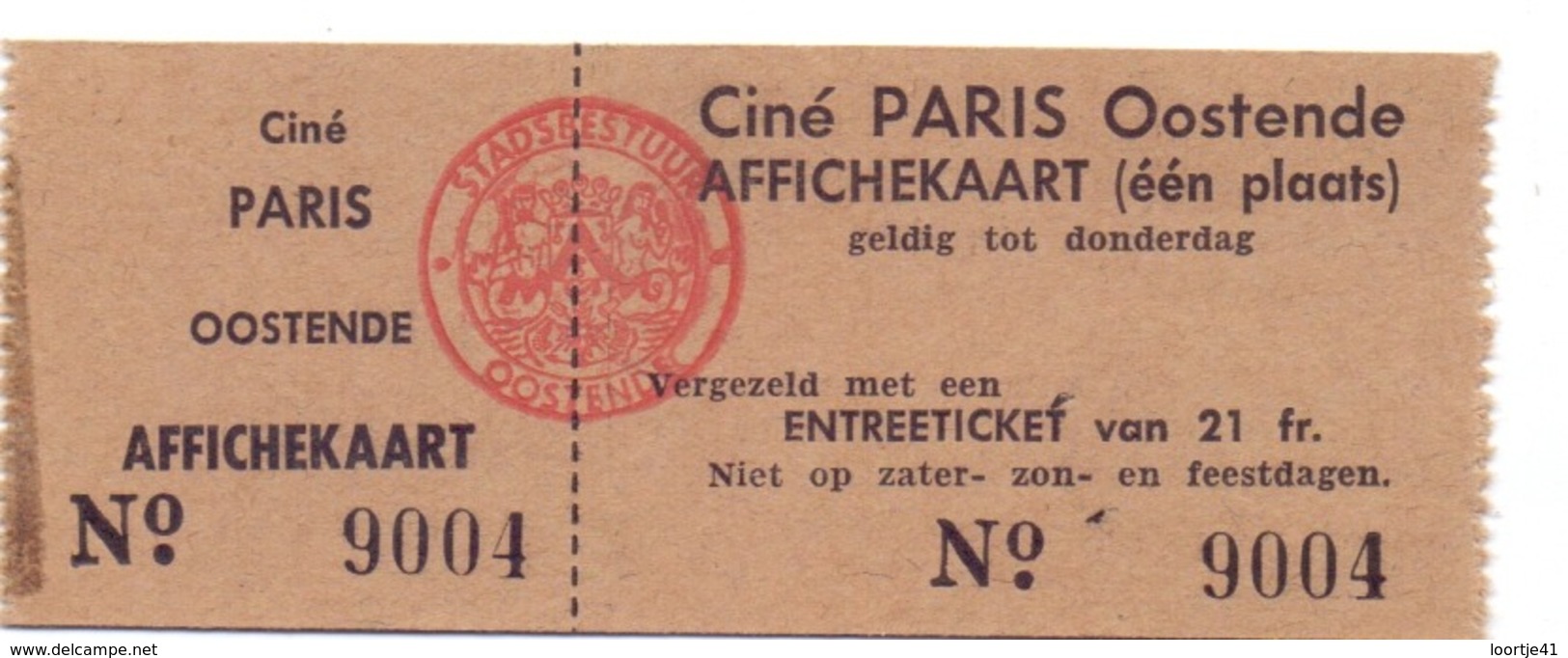 Ticket D' Entrée Ingangsticket - Cinema Bioscoop Ciné Paris - Oostende - Tickets - Entradas