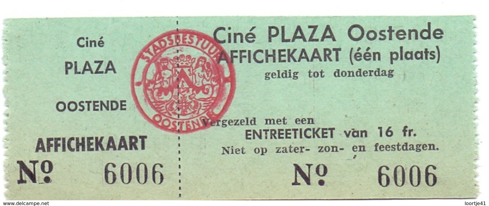 Ticket D' Entrée Ingangsticket - Cinema Bioscoop Ciné Plaza - Oostende - Toegangskaarten