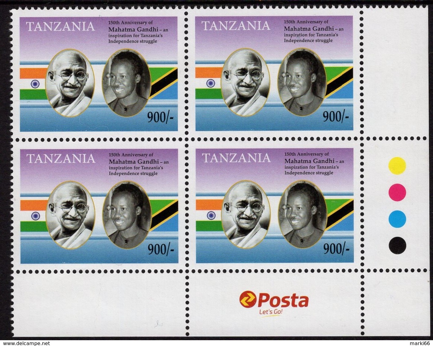 Tanzania - 2019 - 150th Anniversary Of Mahatma Gandhi Birth - Mint Block Of 4 Stamps With Post Logo - Tanzania (1964-...)