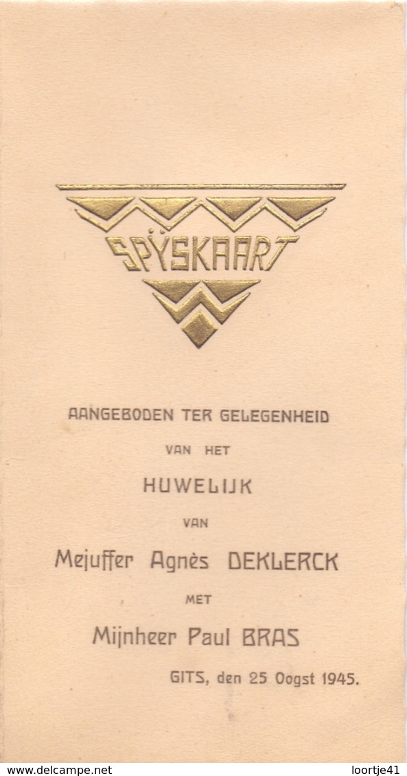 Menu - Huwelijk Agnes Deklerck X Paul Bras - Gits 25 Oogst 1945 - Menus