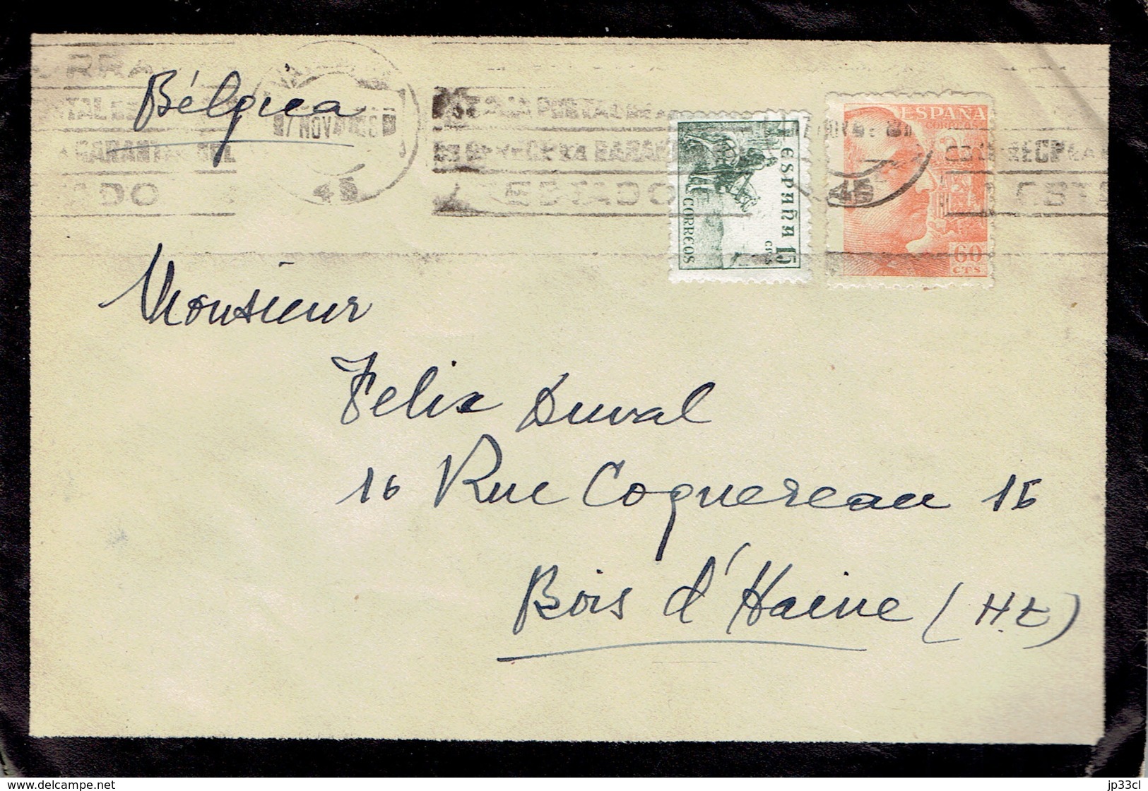 Letter From Tomás Hervás Monchon Abogado Valencia To Belgium With Stamps El Cid N°580 + 60 Ct Franco N°670 (about 1940) - Lettres & Documents