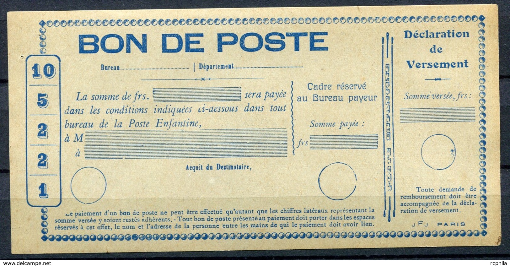 RC 14472 FRANCE POSTE ENFANTINE - BON DE POSTE TB - Pseudo-interi Di Produzione Privata