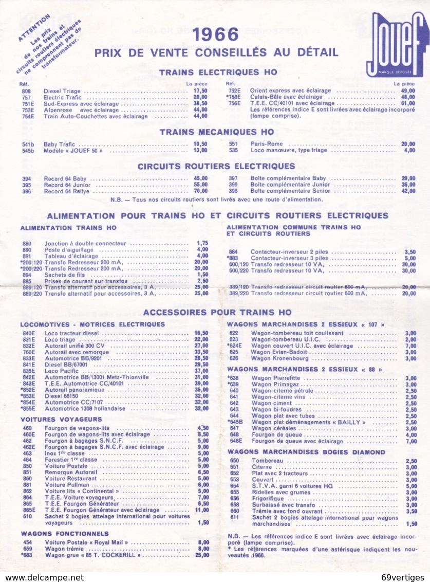 JOUEF, Divers Documents, Tarifs Trains, Wagons Et Accessoires - Non Classificati