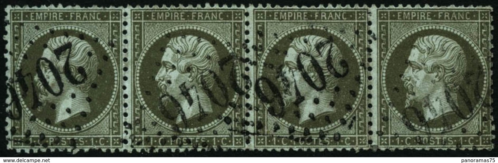 Oblit. N°19 1c Olive, Bande De 4 Obl GC - TB - 1862 Napoléon III.