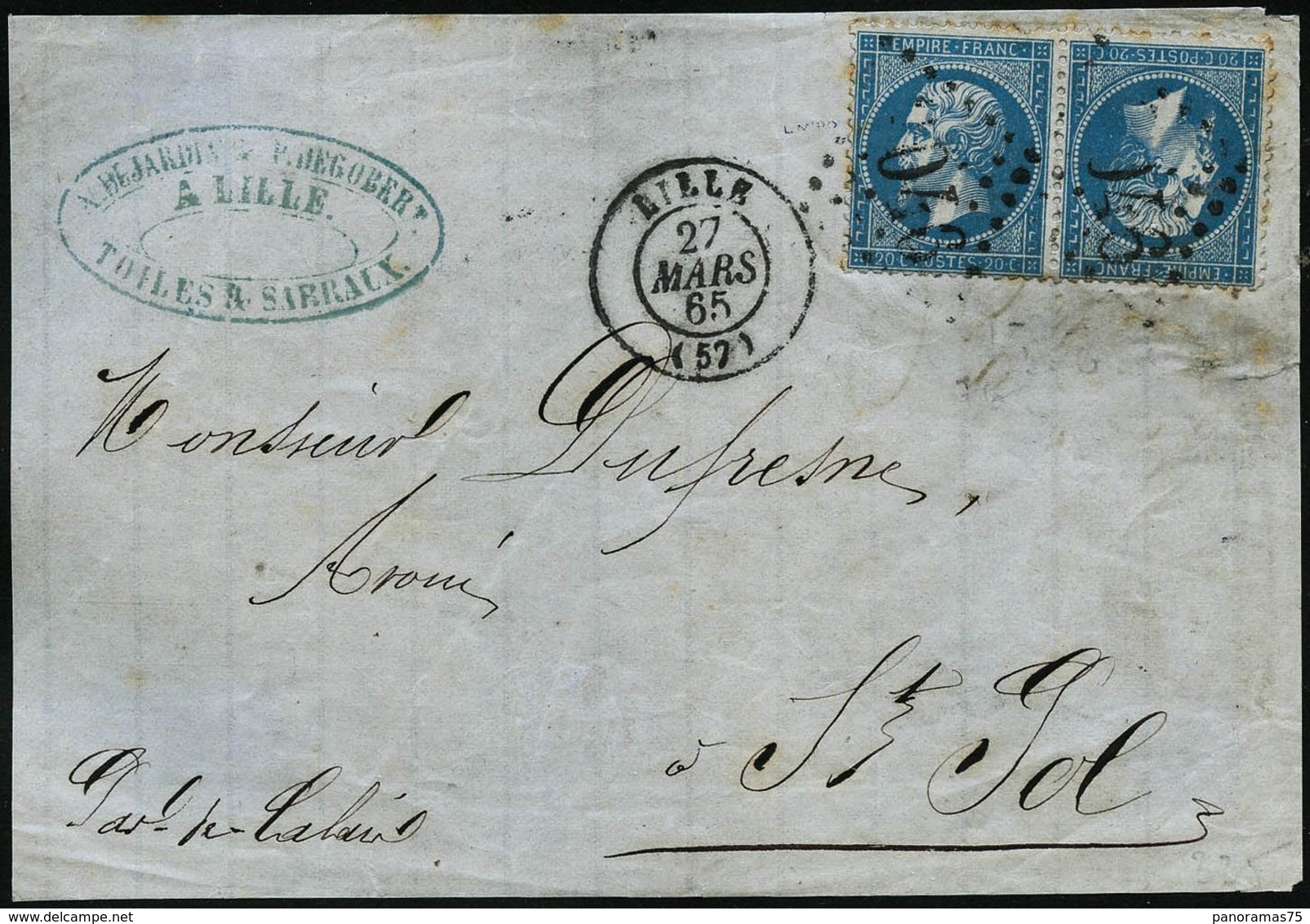 Lettre N°22b Bleu, Paire Tête-bèche Sur Devant De Lettre, Obl GC 2046 Lille 27/3/65 - TB - 1862 Napoleon III
