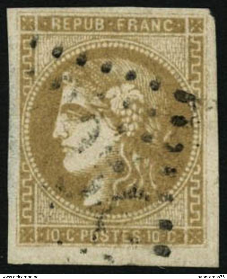 Oblit. N°43Ab 10c Bistre-verdâtre R1, Infime Pelurage Dans La Marge, Certif Calves - B - 1870 Bordeaux Printing