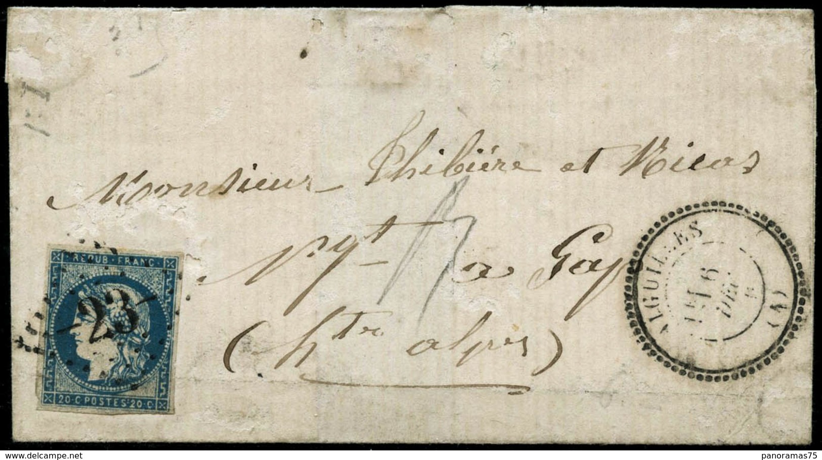 Lettre N°44A 20c Bleu, Type I R1 S/lettre Obl GC 23 (Aiguilles) Indice 19 - TB - 1870 Bordeaux Printing