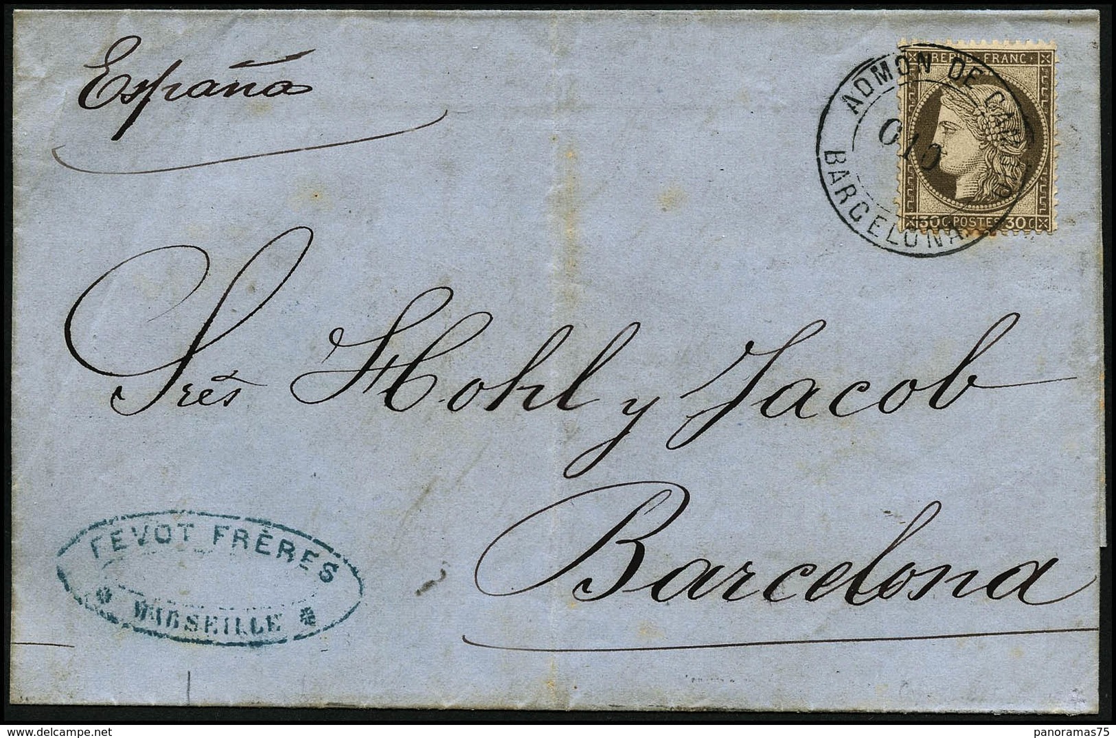 Lettre N°56 30c Brun S/lettre De Marseille Pour Barcelone, Obl Admon De Cambio Barcelona 010 - TB - 1871-1875 Ceres