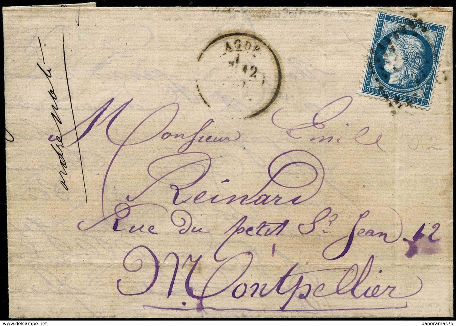 Lettre N°60B 25c Bleu, Type II Sur LAC, Agde 12/11/73 1ère Date Connue - TB - 1871-1875 Ceres
