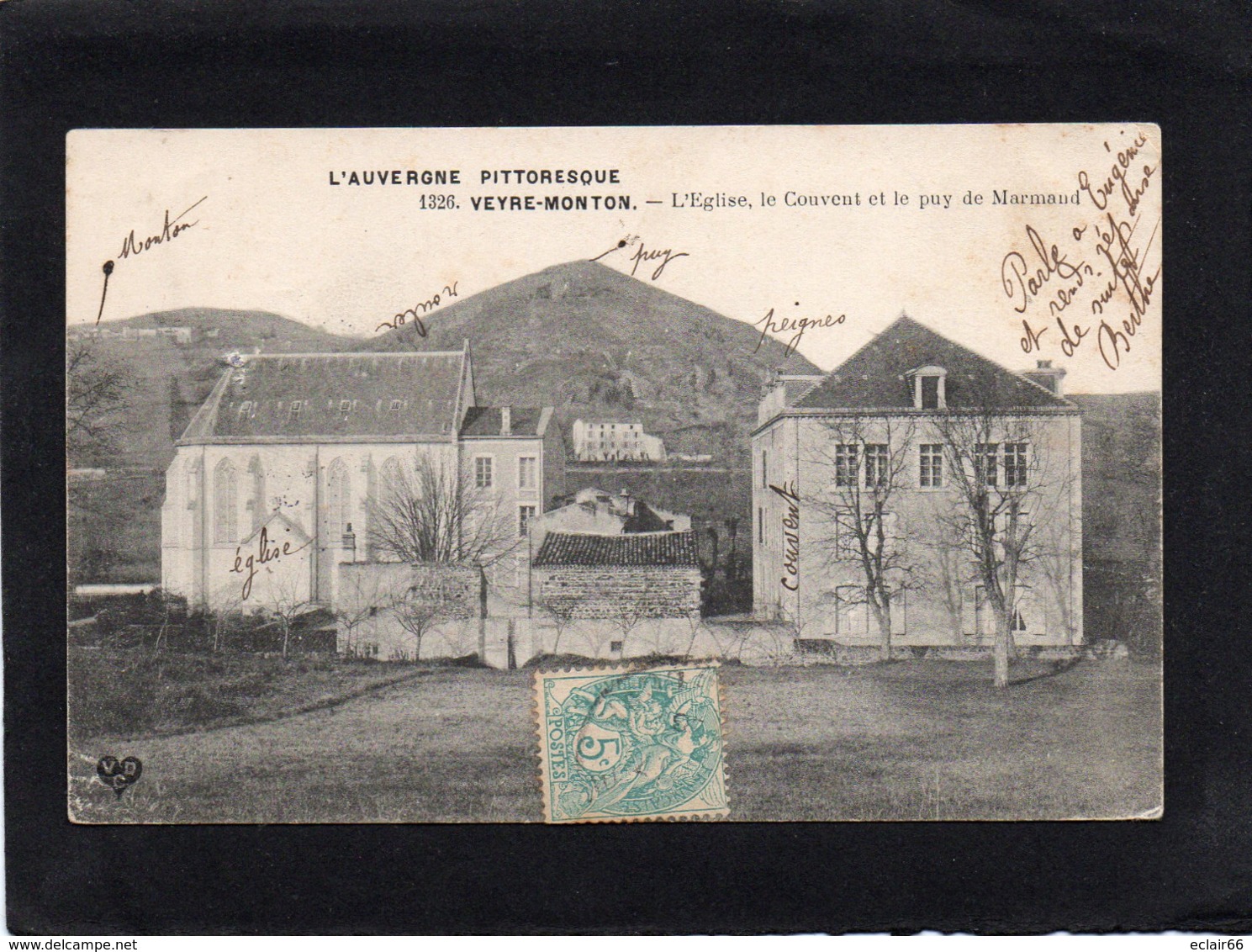 63 Veyre-Monton L'eglise ,le Couvent,et Le Puy De Marmaud Cpa Année 1906  N° 1326 Edit ( Vdc) état Impeccable - Veyre Monton