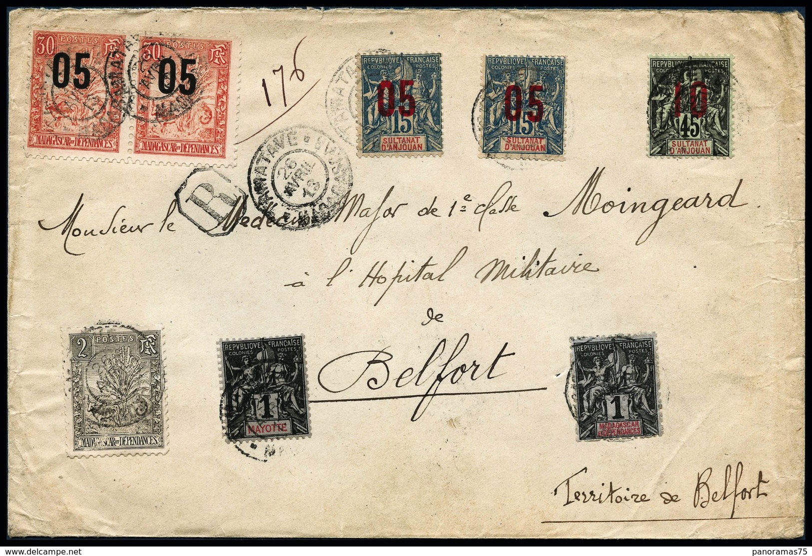 Lettre N°28 - 63 -116 X 2 Lettre Recommandé De Tamatave Du 26/04/1913 Pour Belfort Mixte Avec Avignon 22, 22 (A), 27 Et  - Other & Unclassified