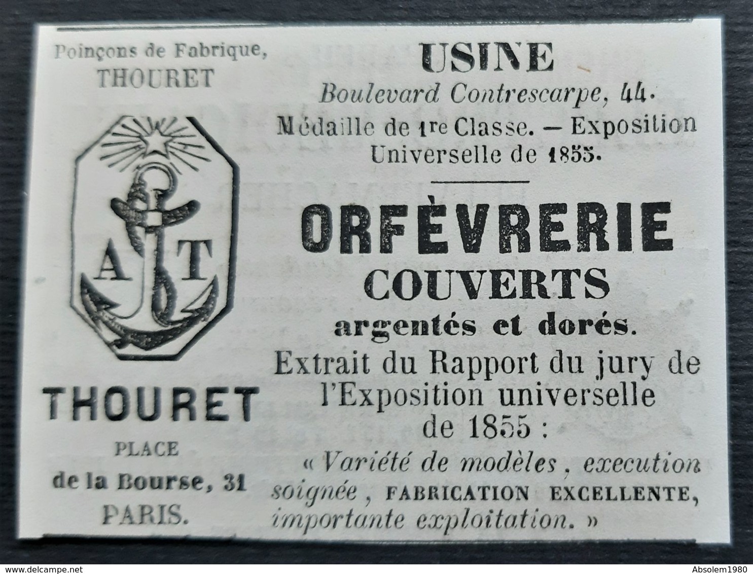 1858 THOURET ORFEVRERIE COUVERTS ARGENTES DORES PUBLICITE ANCIENNE ART DE LA TABLE COUTELLERIE ORFEVEVRE PARIS - Werbung