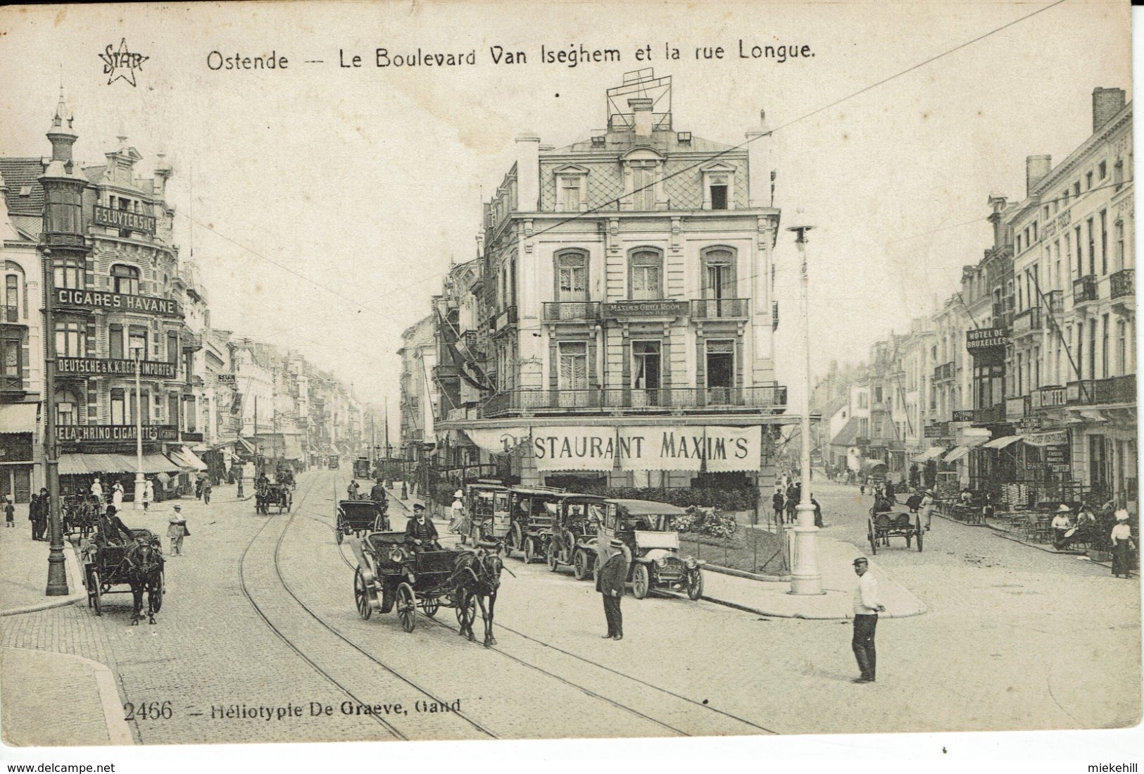 OOSTENDE-OSTENDE-BOULEVARD VAN ISEGHEM-RUE LONGUE-RESTAURANT MAXIM'S-CIGARES HAVANE F.SLUYTERS-AUTO TAXIS-FIACRES - Oostende