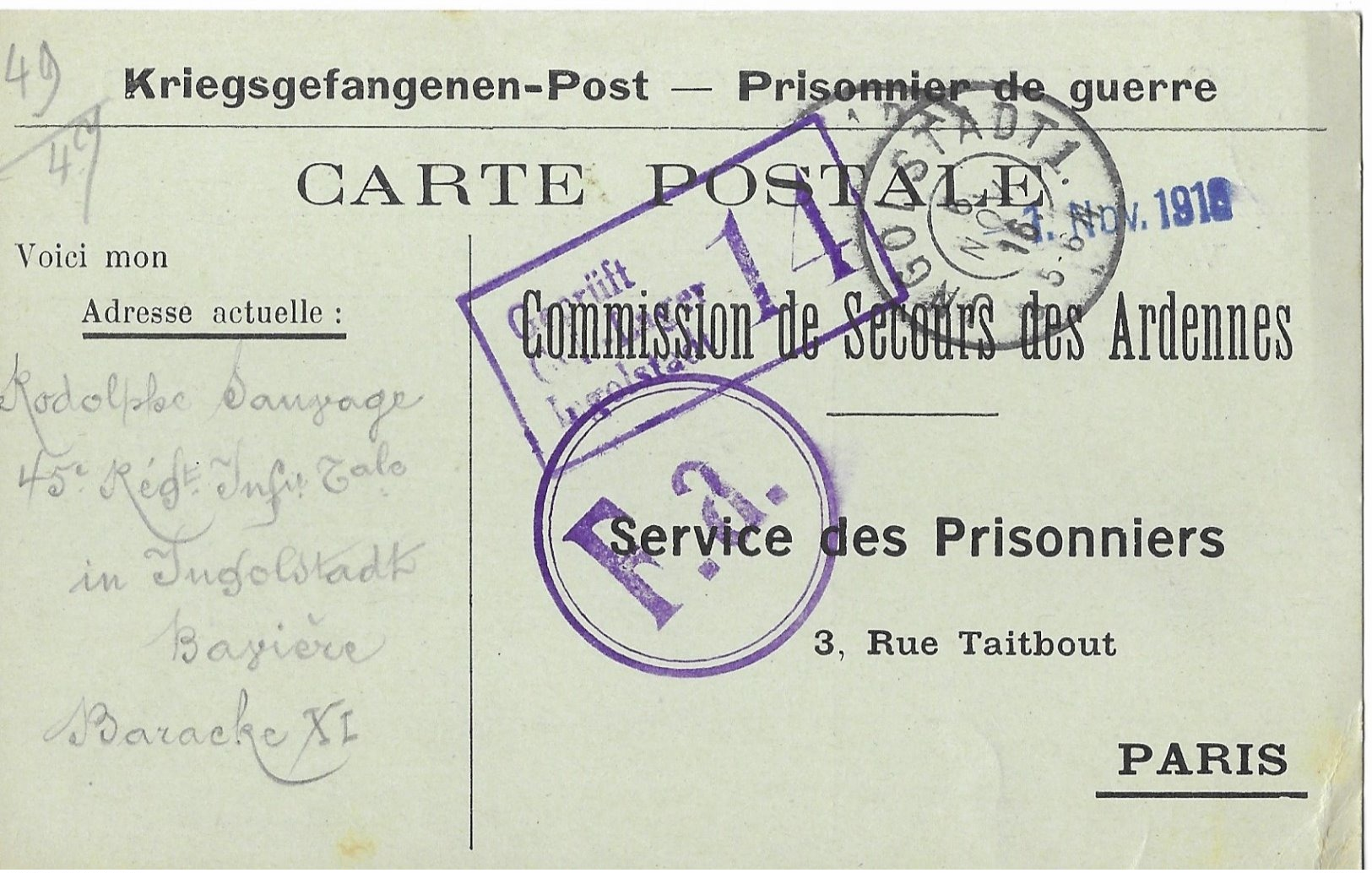 Ardenne Sedan  Rodolphe Sauvage  Ungolstadt 1  Prisonnier - 1. Weltkrieg 1914-1918