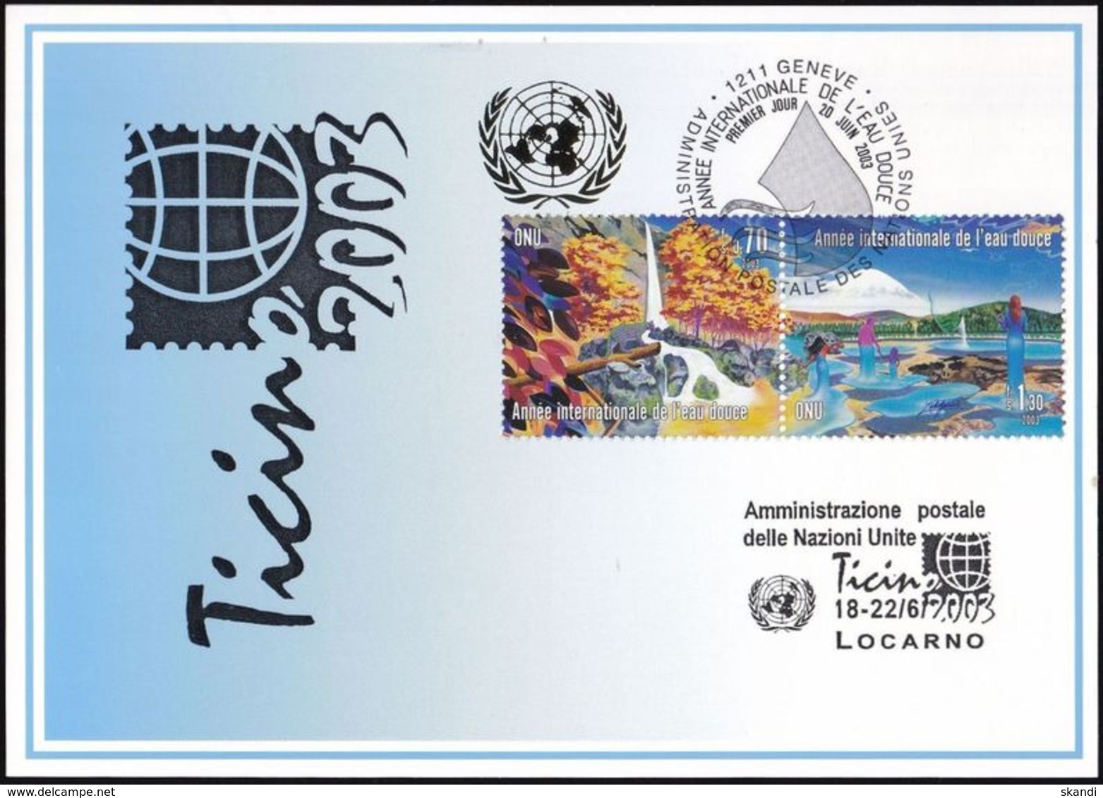 UNO GENF 2003 Mi-Nr. 342 Blaue Karte - Blue Card  Mit Erinnerungsstempel LOCARNO - Lettres & Documents