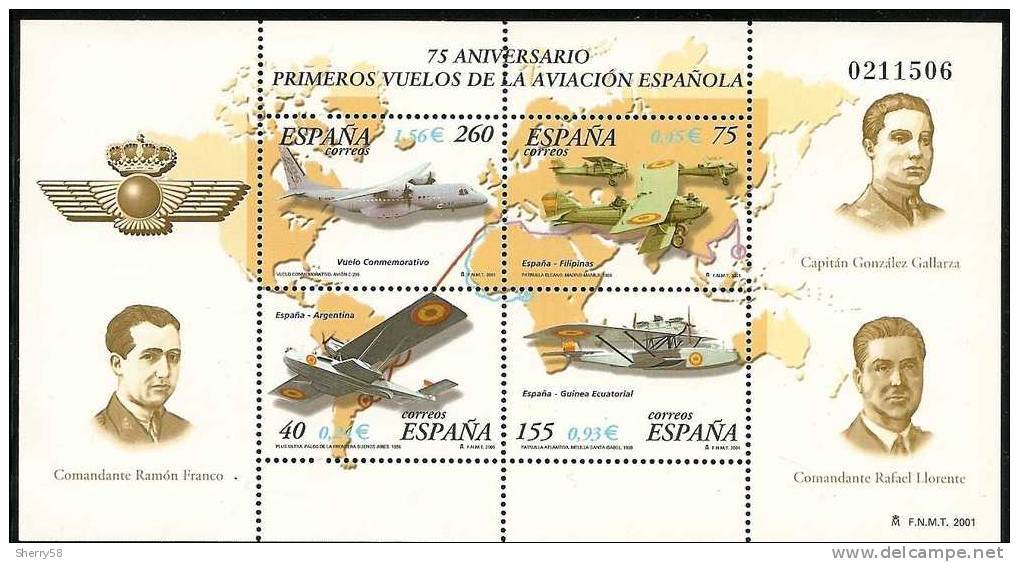 2001-ED. 3790 H.B.-1ERS.VUELOS DE LA AVIACION ESPAÑOLA-NUEVO - Blocs & Hojas