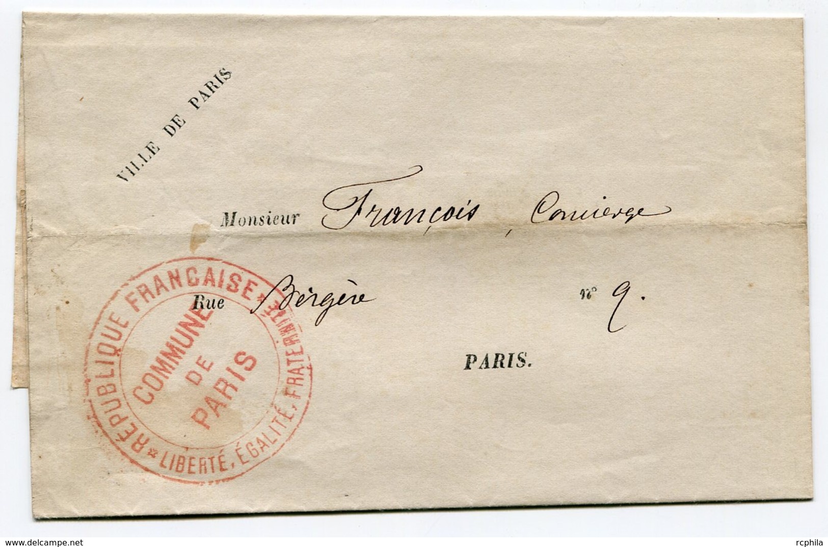 RC 14482 FRANCE 1871 COMMUNE DE PARIS FRANCHISE POSTALE POUR PARIS SUR IMPRIMÉ TB - War 1870