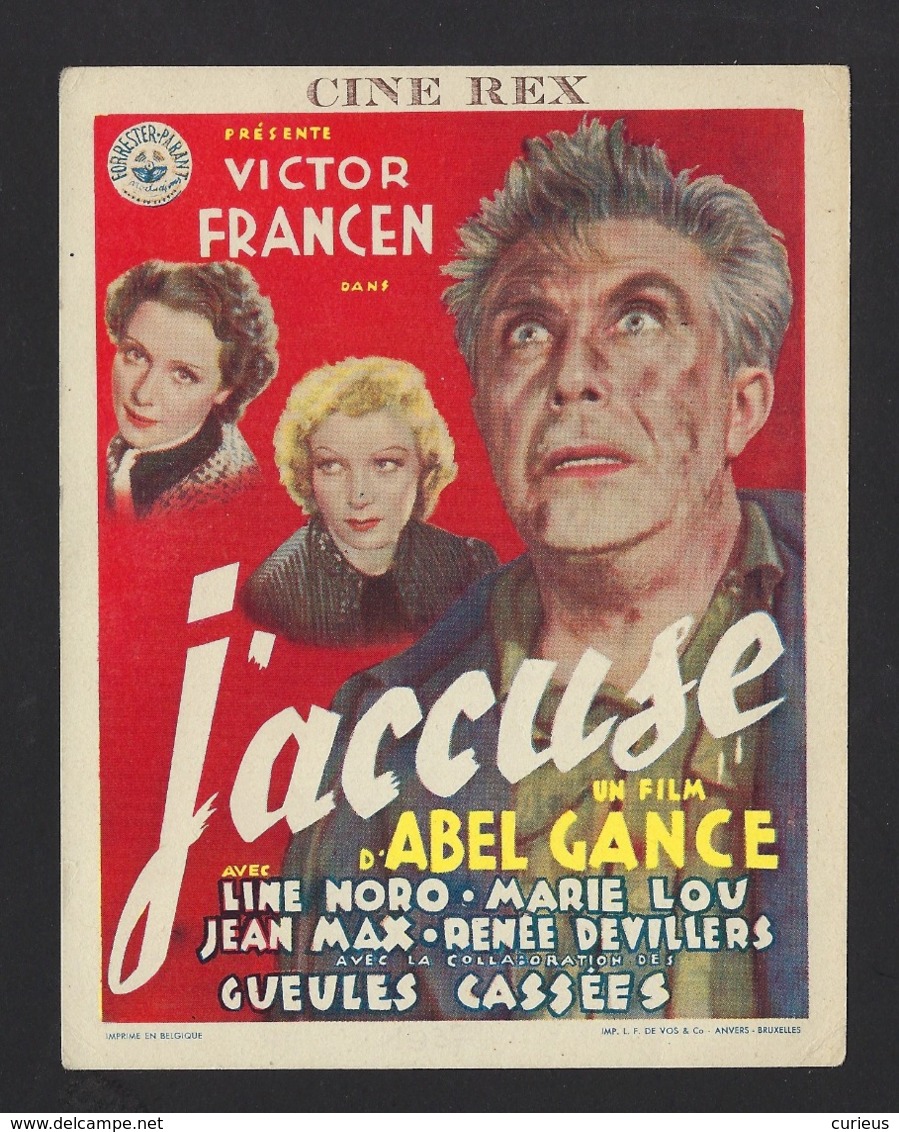 GENT * GAND * CINEMA REX * CINE REX * AFFICHETTE " J'ACCUSE " * VICTOR FRANCEN * 1938 * IMP L F DE VOS * 14 X 11 CM - Werbetrailer