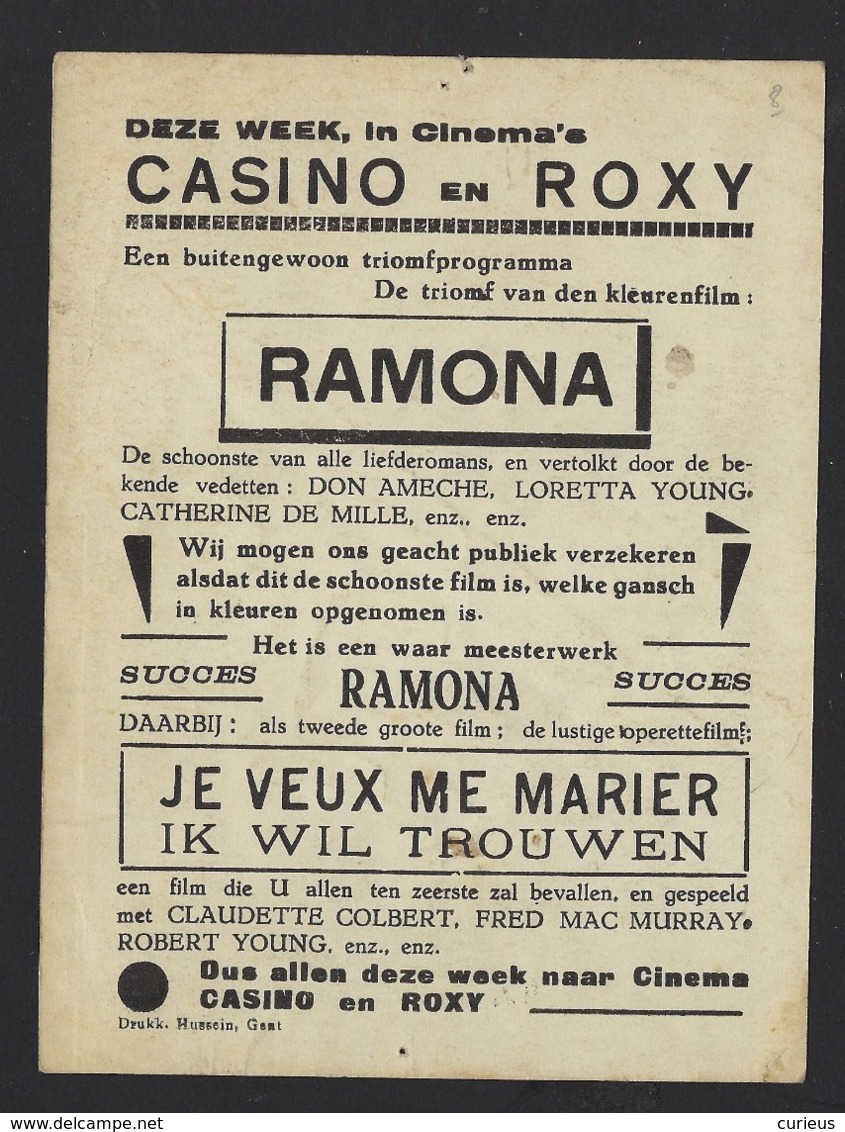 GENT * GAND * CINEMA CASINO EN ROXY * RAMONA * LORETTA YOUNG AND DON AMECHE * AFFICHETTE * 1936 * 15 X 11 CM * 2 SCANS - Cinema Advertisement