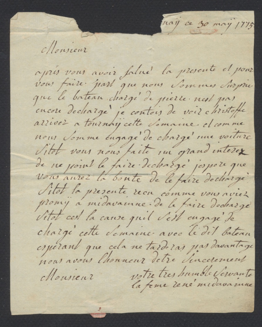 Précurseur - LAC Datée (1775, Lieu à Déterminer) + Cachet Rond "T" Vers Gand. Taxe Manuscrite "3" - 1714-1794 (Austrian Netherlands)