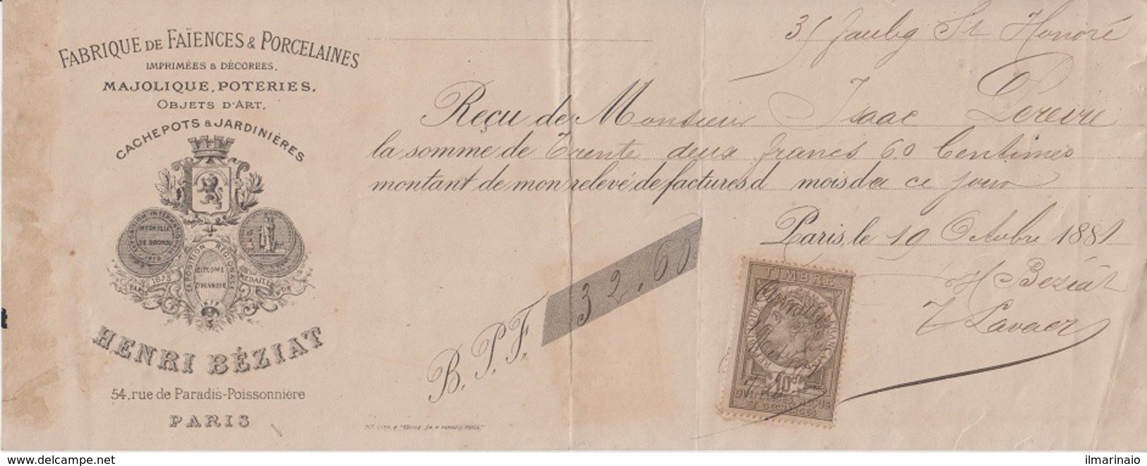 ** DOCUMENTO COMMERCIALE.- PARIS.- 1886.-** - 1800 – 1899