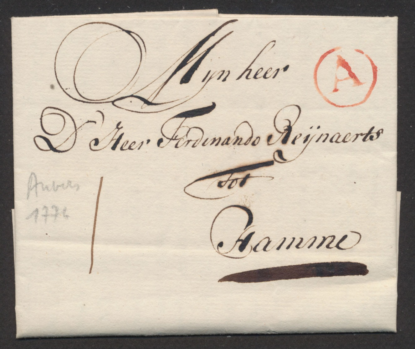 Précurseur - LAC Datée De Antwerpen 20/05/1776 + Cachet Rond Rouge "A" Vers Hamme. - 1714-1794 (Austrian Netherlands)