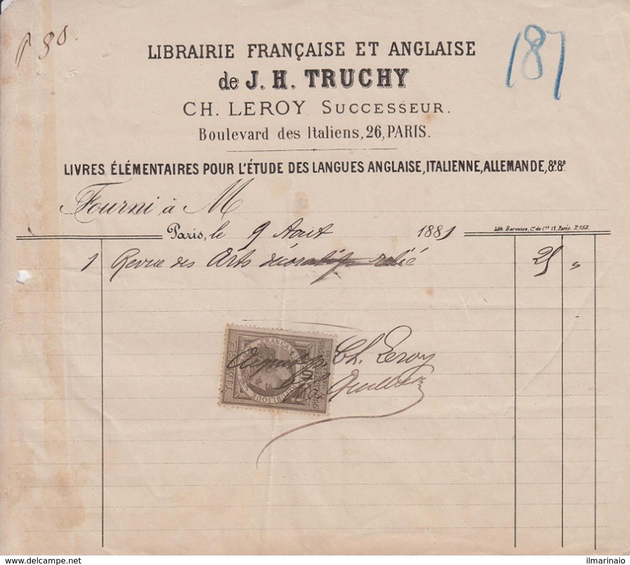 ** J. H. TRUCHY.- PARIS.- 1881.- LIBRAIRIE.-** - 1800 – 1899