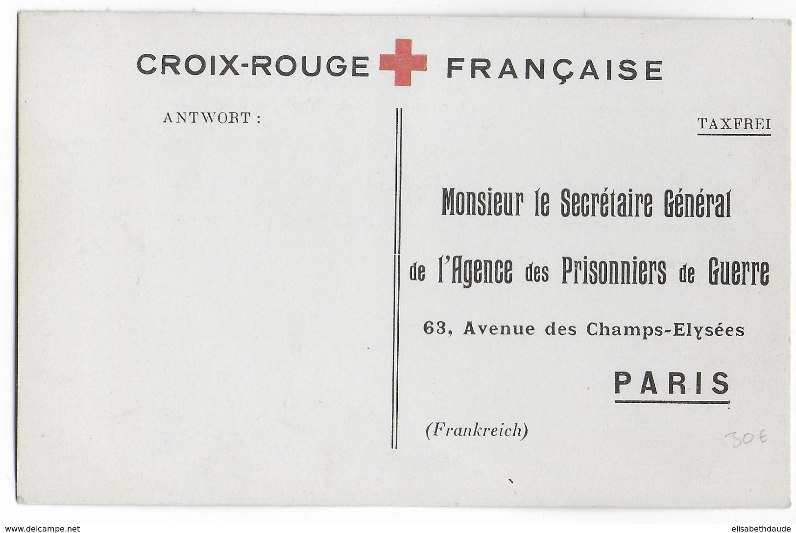 1915 - CARTE FRANCHISE CROIX-ROUGE AGENCE DES PRISONNIERS DE GUERRE De PARIS => CROIX-ROUGE ALLEMANDE ! RED CROSS - Croix Rouge