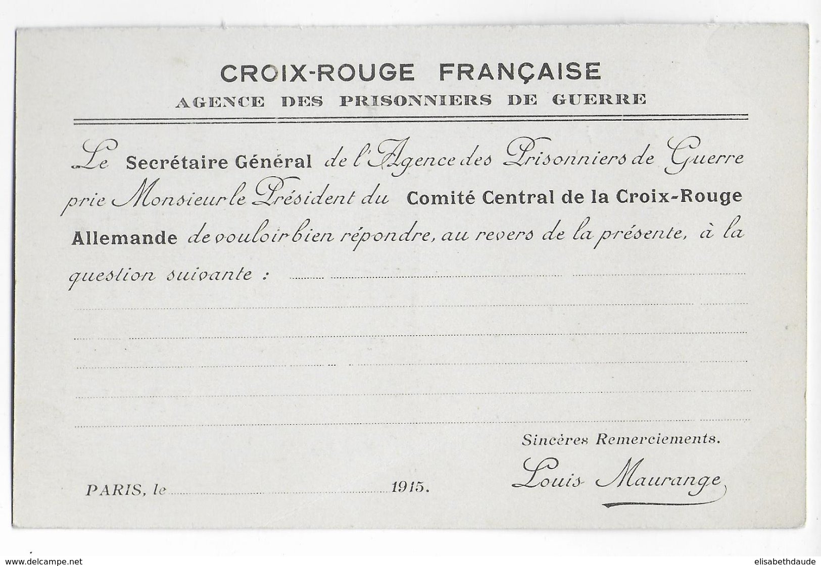 1915 - CARTE FRANCHISE CROIX-ROUGE AGENCE DES PRISONNIERS DE GUERRE De PARIS => CROIX-ROUGE ALLEMANDE ! RED CROSS - Red Cross