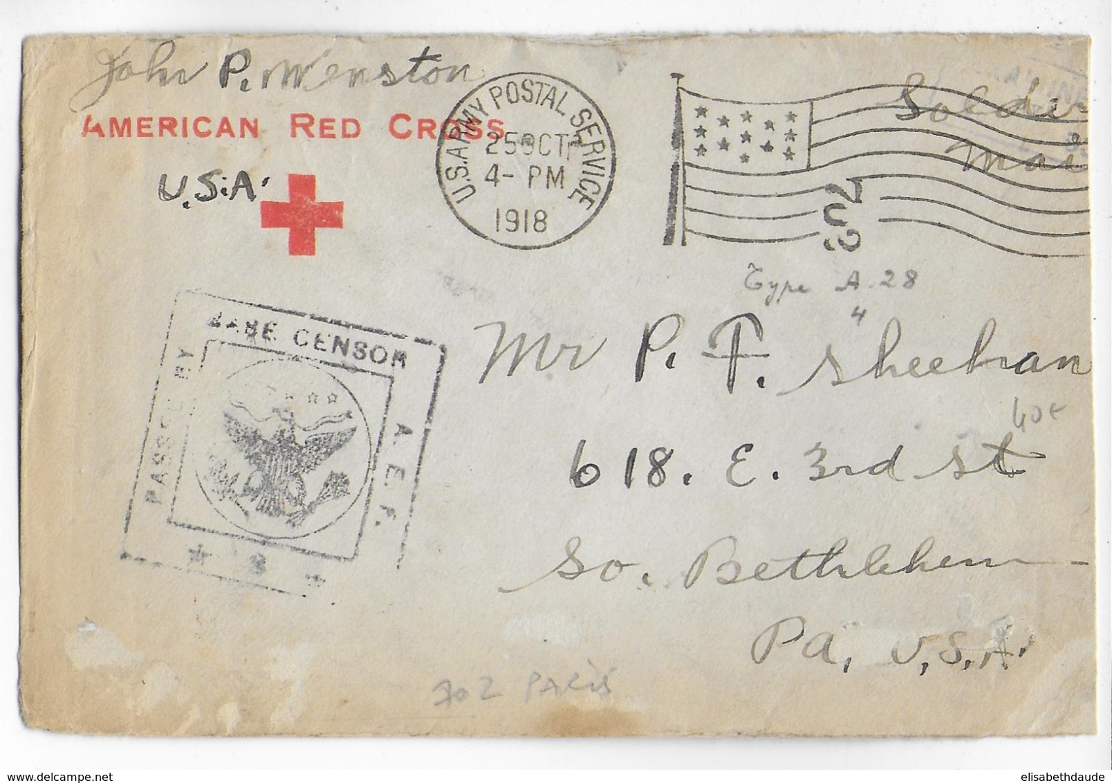 1918 - ENVELOPPE FRANCHISE CROIX-ROUGE AMERICAINE AMERICAN RED CROSS APO 702 à PARIS => USA Avec MECA DRAPEAUX - Rotes Kreuz