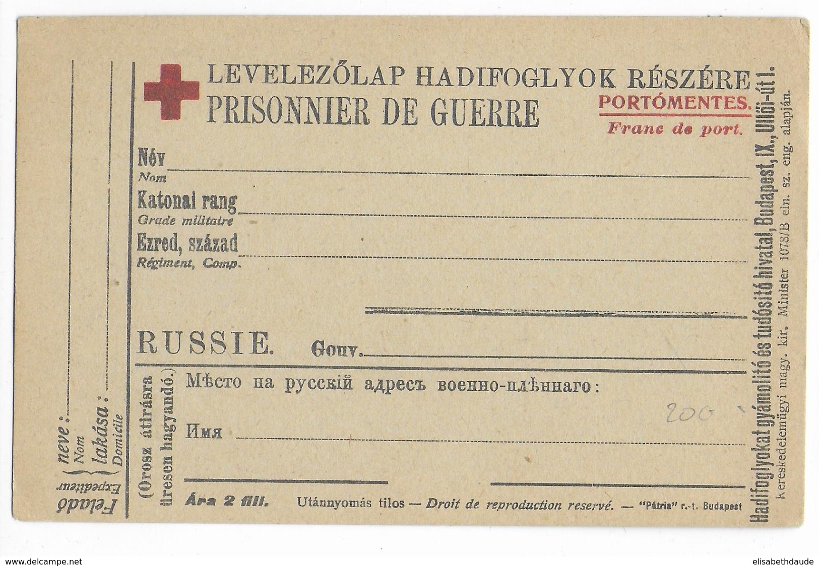 1914/18 - CARTE FRANCHISE CROIX-ROUGE PRISONNIERS DE GUERRE RUSSES En HONGRIE ! RED CROSS - Brieven En Documenten