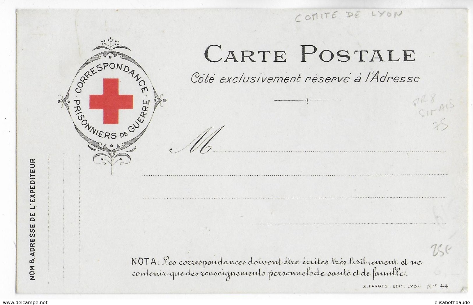 1914 - CARTE FRANCHISE CROIX-ROUGE "PRISONNIERS DE GUERRE" Du COMITE DE LYON  ! RED CROSS - Rotes Kreuz