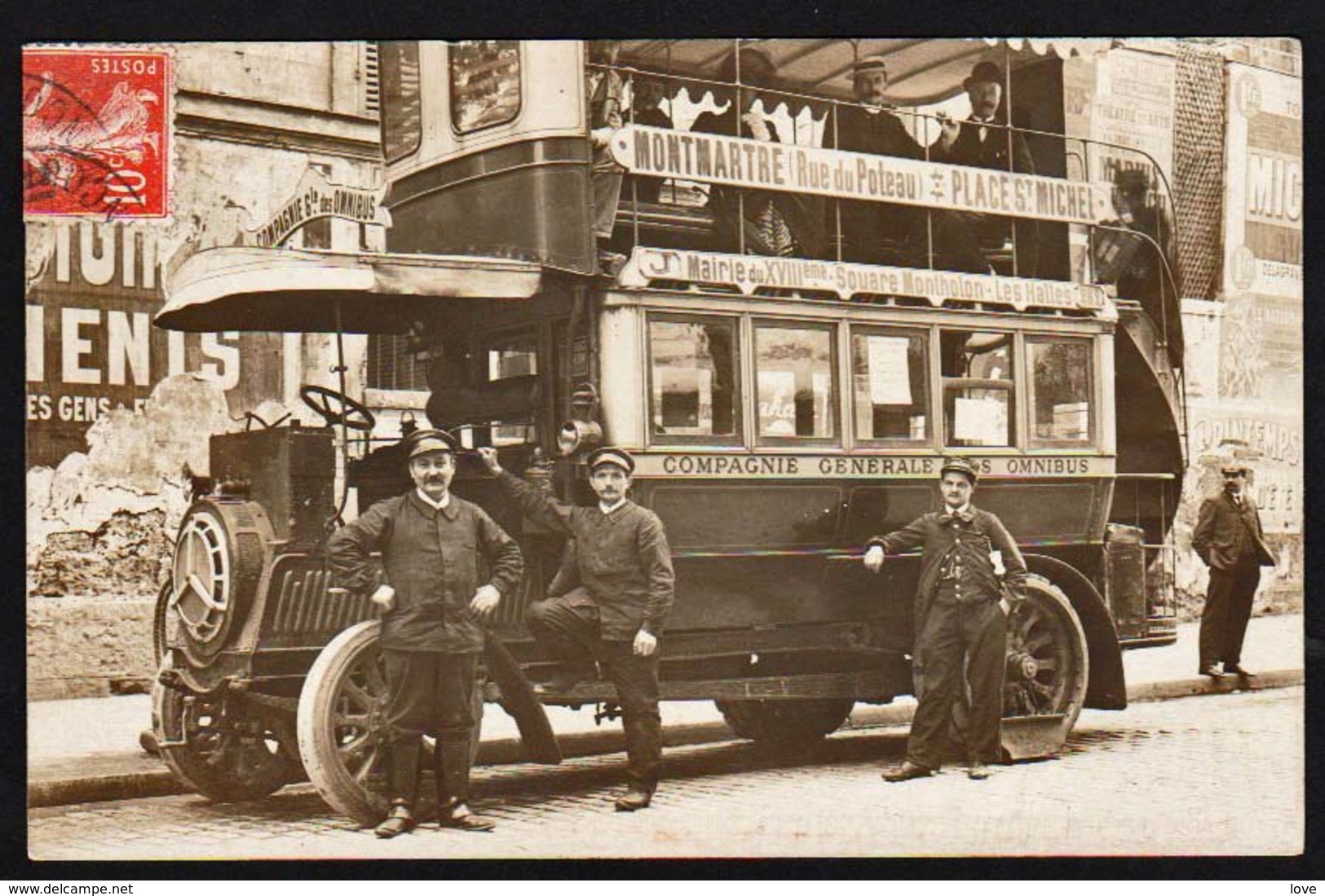 PARIS: Plan TOP Sur Un Omnibus à Deux étages: Montmartre/ Mairie Du XVIII, RARE Carte Photo Obl. En 1910 - Transporte Público