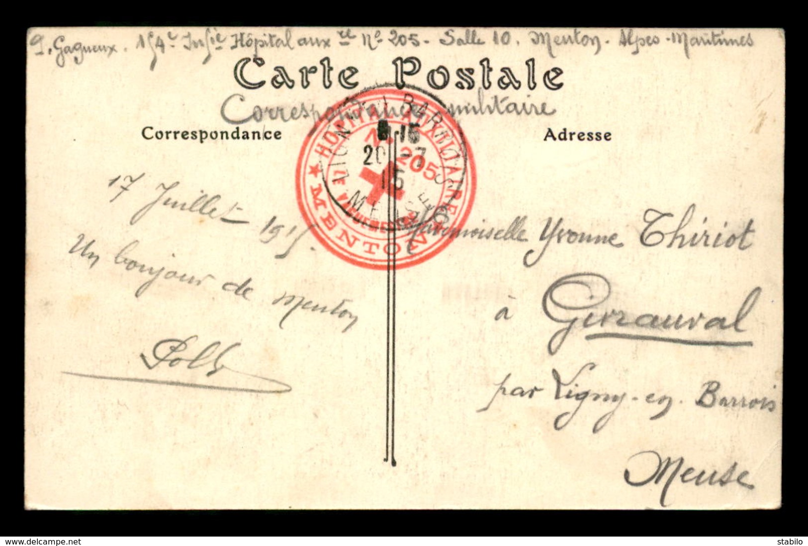 CACHET HOPITAL AUXILIAIRE N°205 MENTON (ALPES-MARTIMES) - Guerre De 1914-18