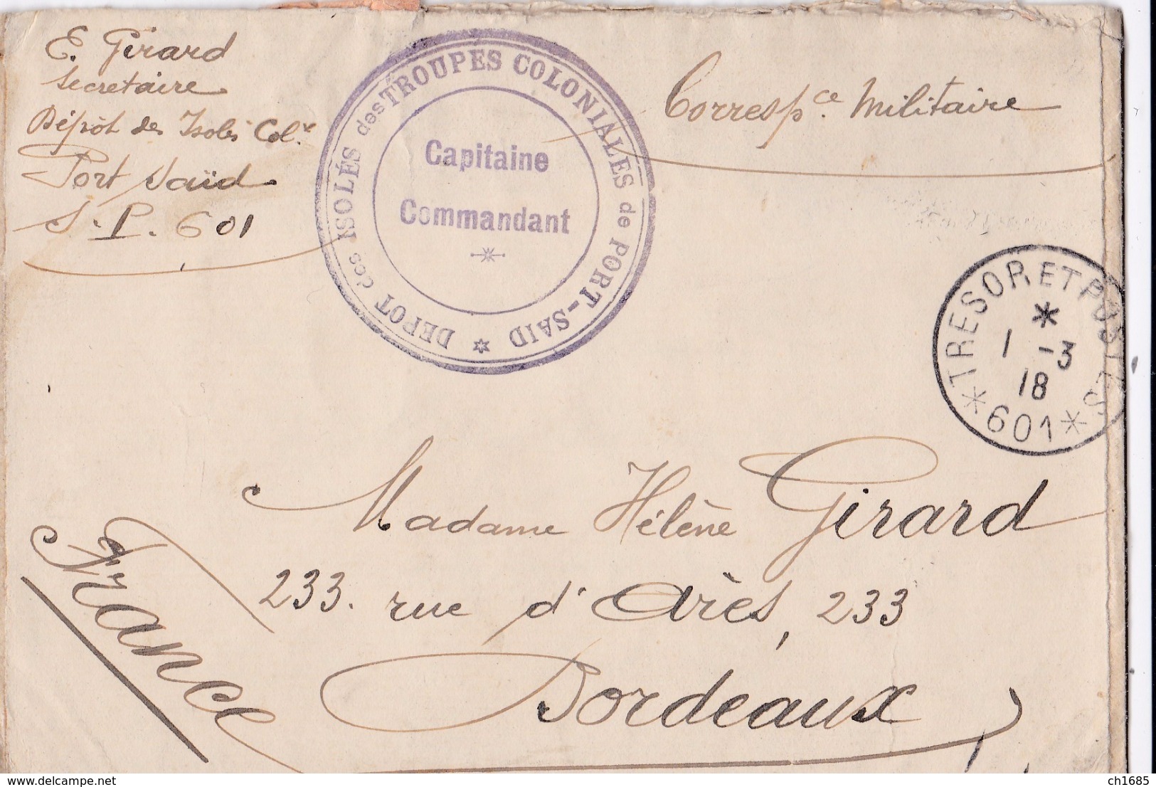 Cachet Dépot Des Isolés Des Troupes Coloniales De Port-Saïd CaD Trésor Et Postes 601 Du 1 3 1918 - 1. Weltkrieg 1914-1918