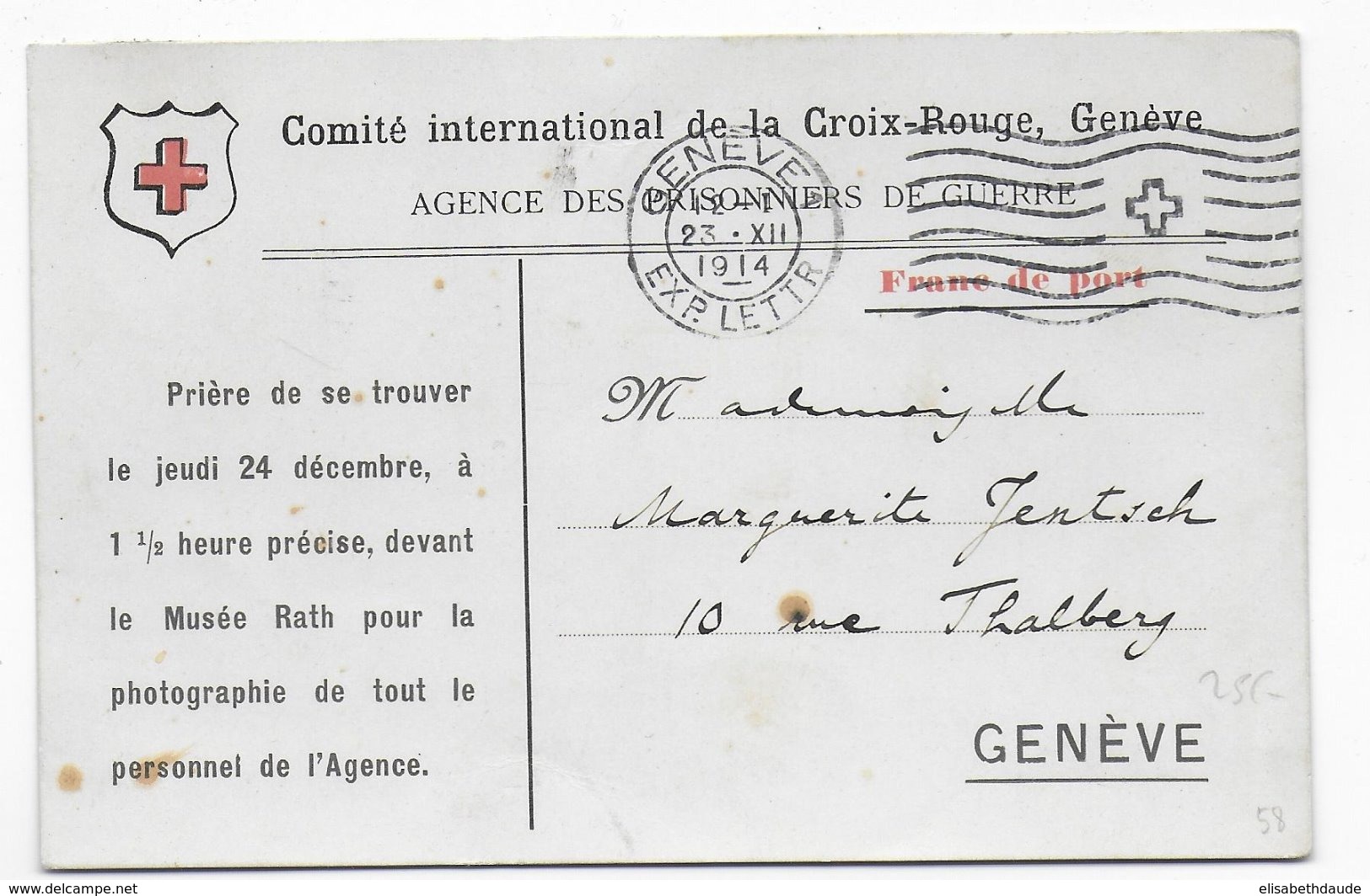 1914 - CARTE FRANCHISE CROIX-ROUGE "PRISONNIERS DE GUERRE" De GENEVE Avec INVITATION PHOTO Du PERSONNEL ! - RED CROSS - Croix Rouge