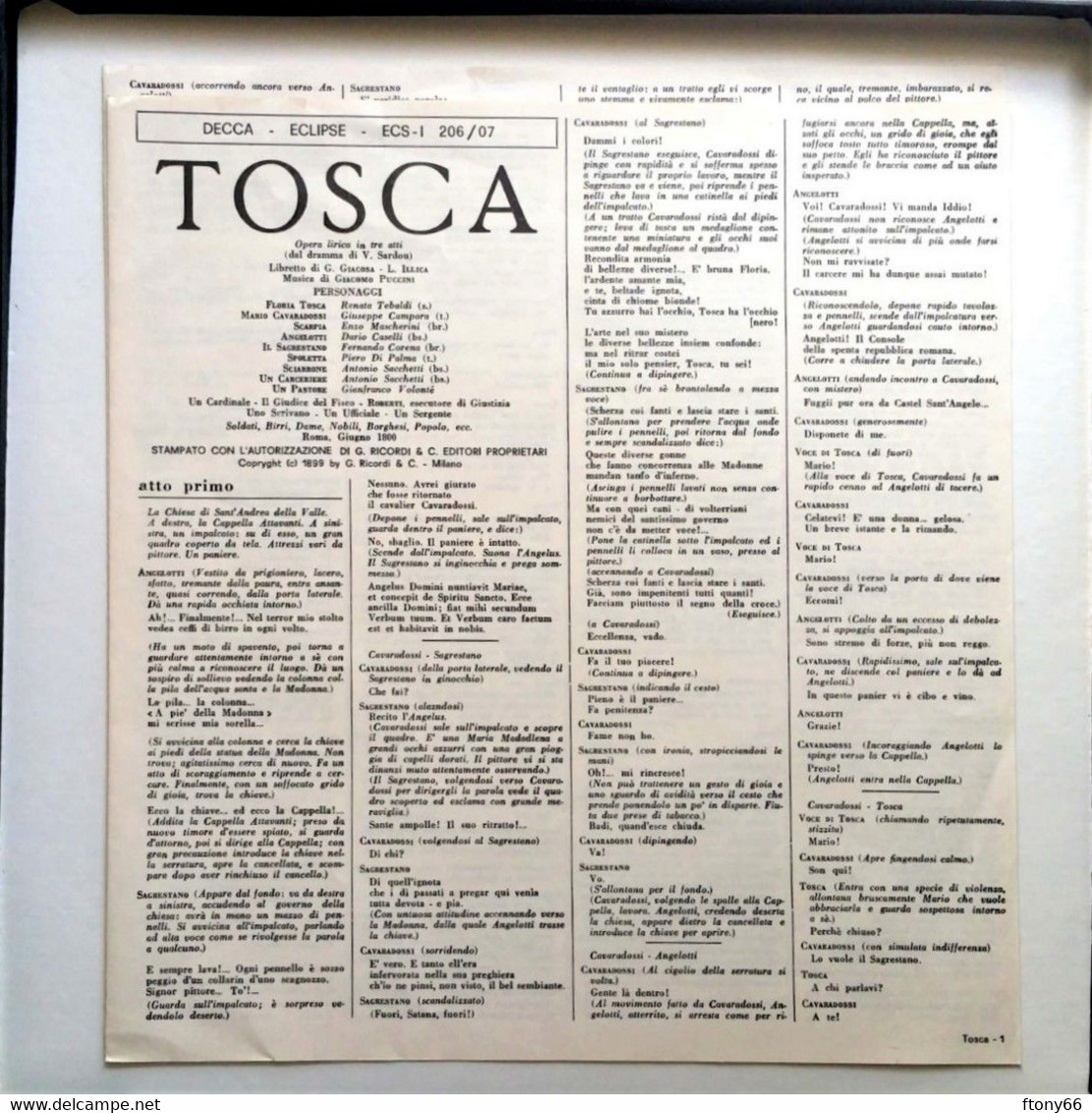 AF DOPPIO LP 33 Giri "TOSCA" Di Giacomo Puccini - Tebaldi, Campora, Mascherini - Opera / Operette