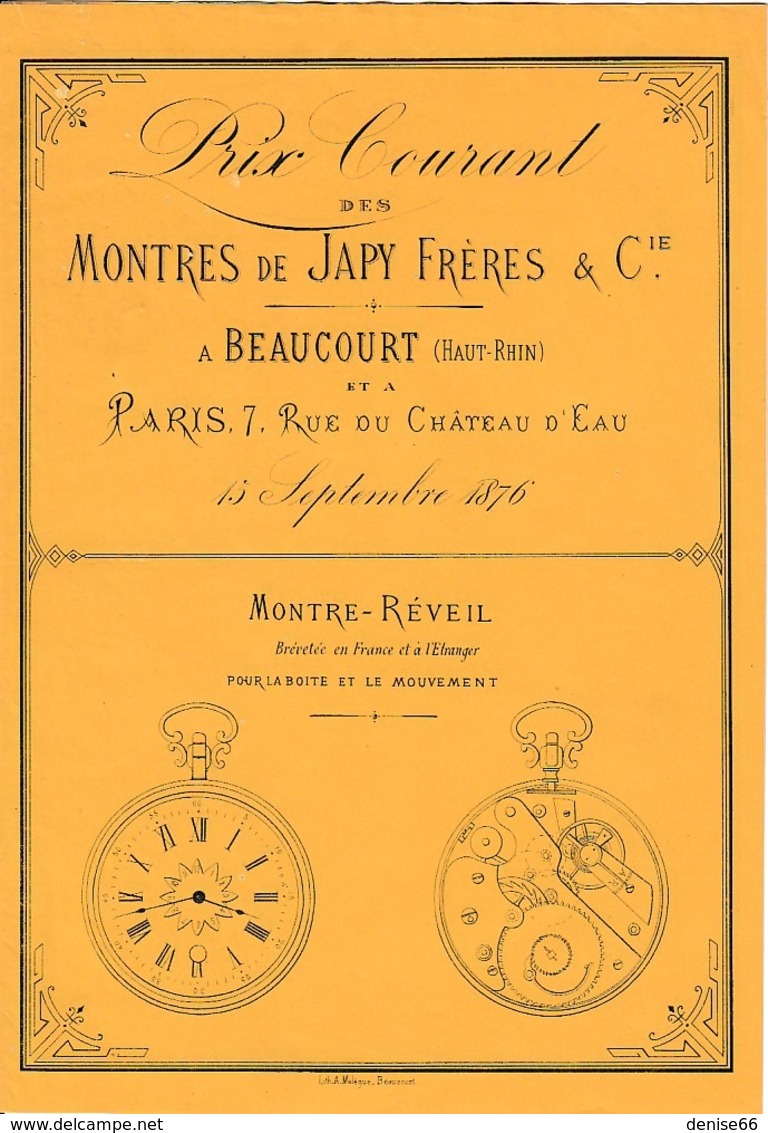 Sept.1876 - BEAUCOURT - MONTRES De JAPY Frères & Cie - PRIX COURANTS - Historical Documents