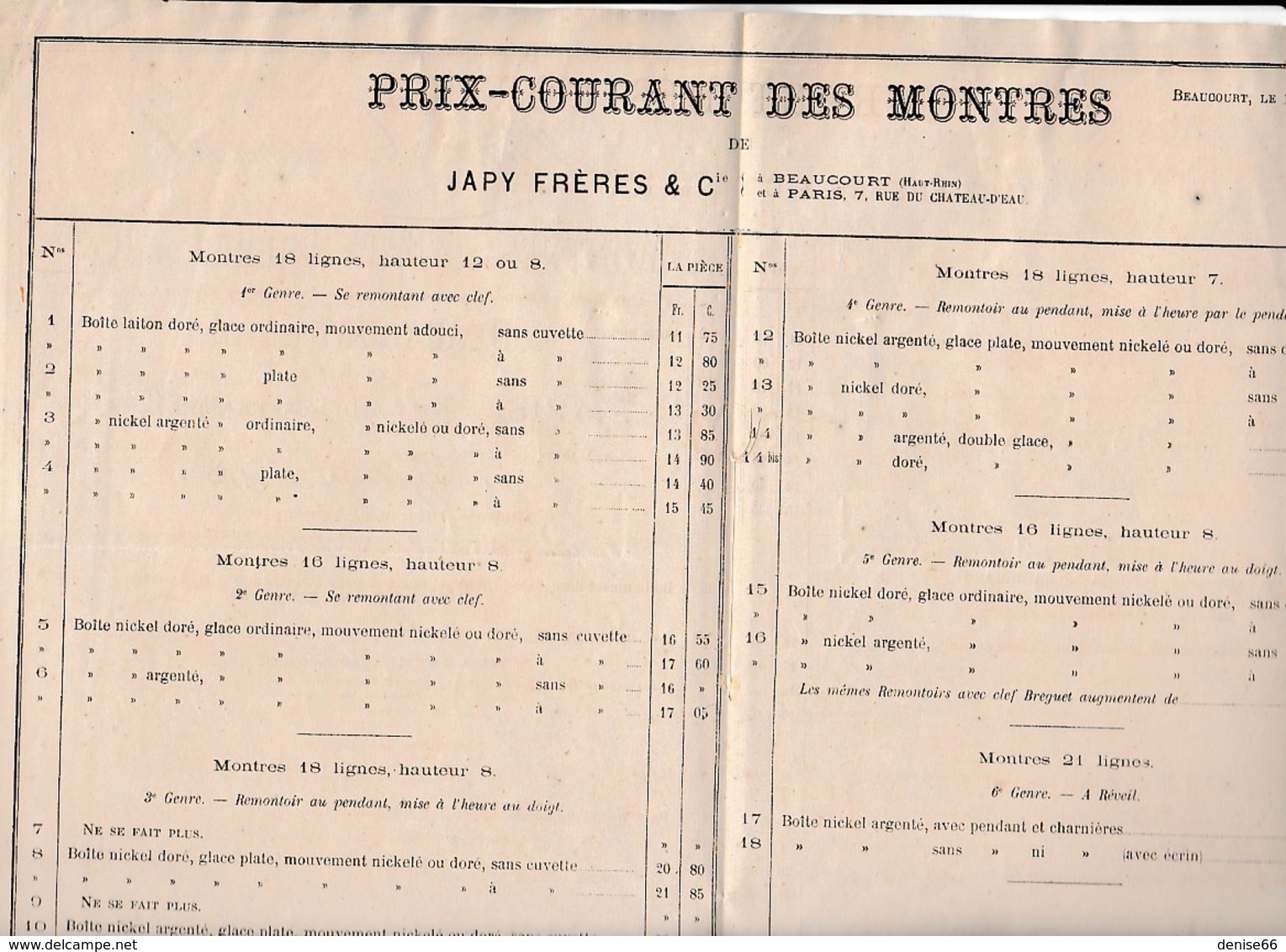 Sept.1876 - BEAUCOURT - MONTRES De JAPY Frères & Cie - PRIX COURANTS - Historical Documents