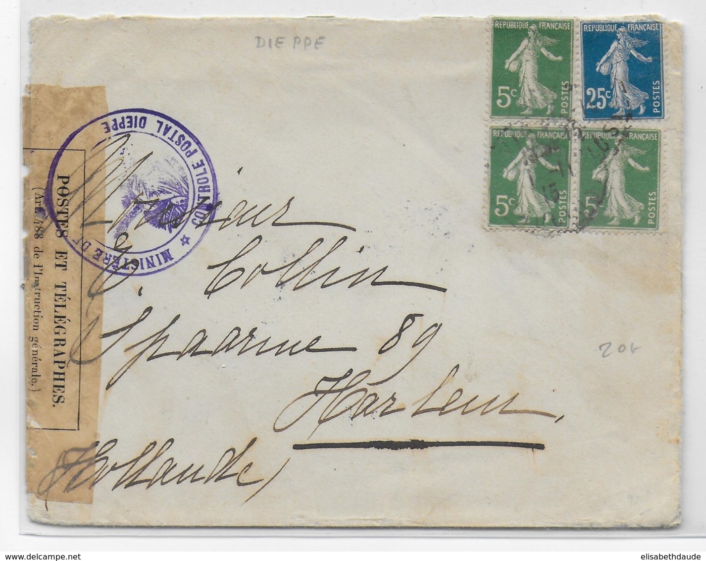 1915 - ENVELOPPE De AVIGNON (VAUCLUSE) Avec CENSURE De DIEPPE (SEINE INF) => HARLEM (HOLLANDE) - SEMEUSES - 1906-38 Semeuse Camée