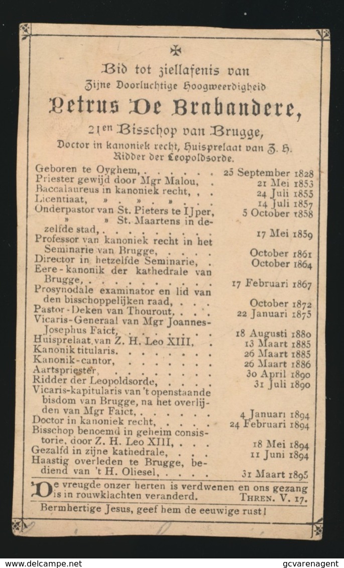 BISSCHOP BRUGGE - PETRUS DE BRABANDERE - OYGHEM 1828 - BRUGGE 1895  - 2 AFBEELDINGEN - Décès