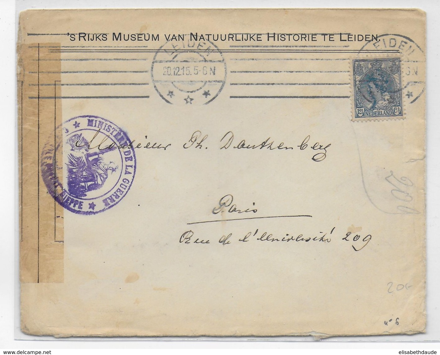 1915 - NEDERLAND - ENVELOPPE De LEIDEN Avec CENSURE De DIEPPE (SEINE INF) => PARIS - Storia Postale