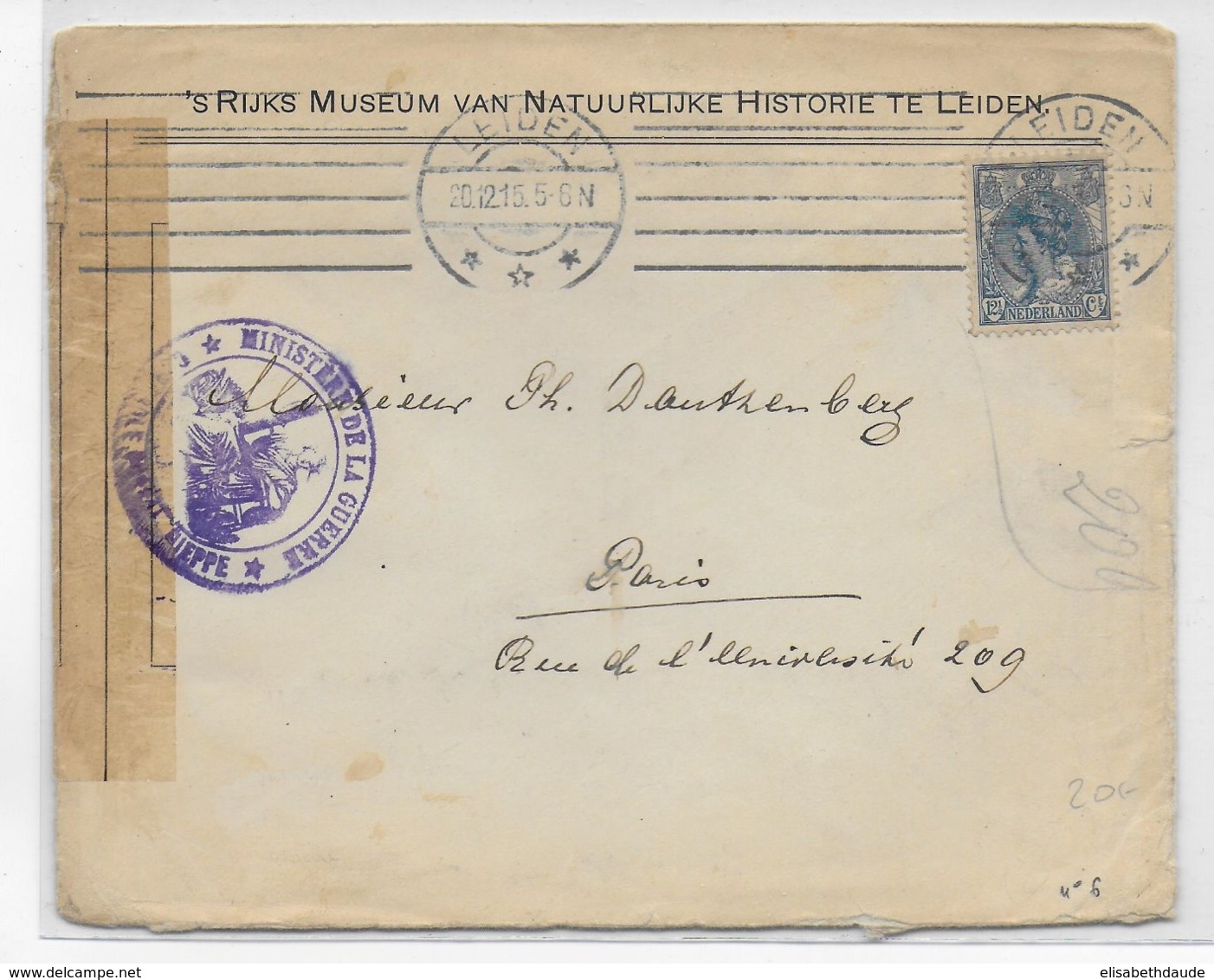 1915 - NEDERLAND - ENVELOPPE De LEIDEN Avec CENSURE De DIEPPE (SEINE INF) => PARIS - Poststempel