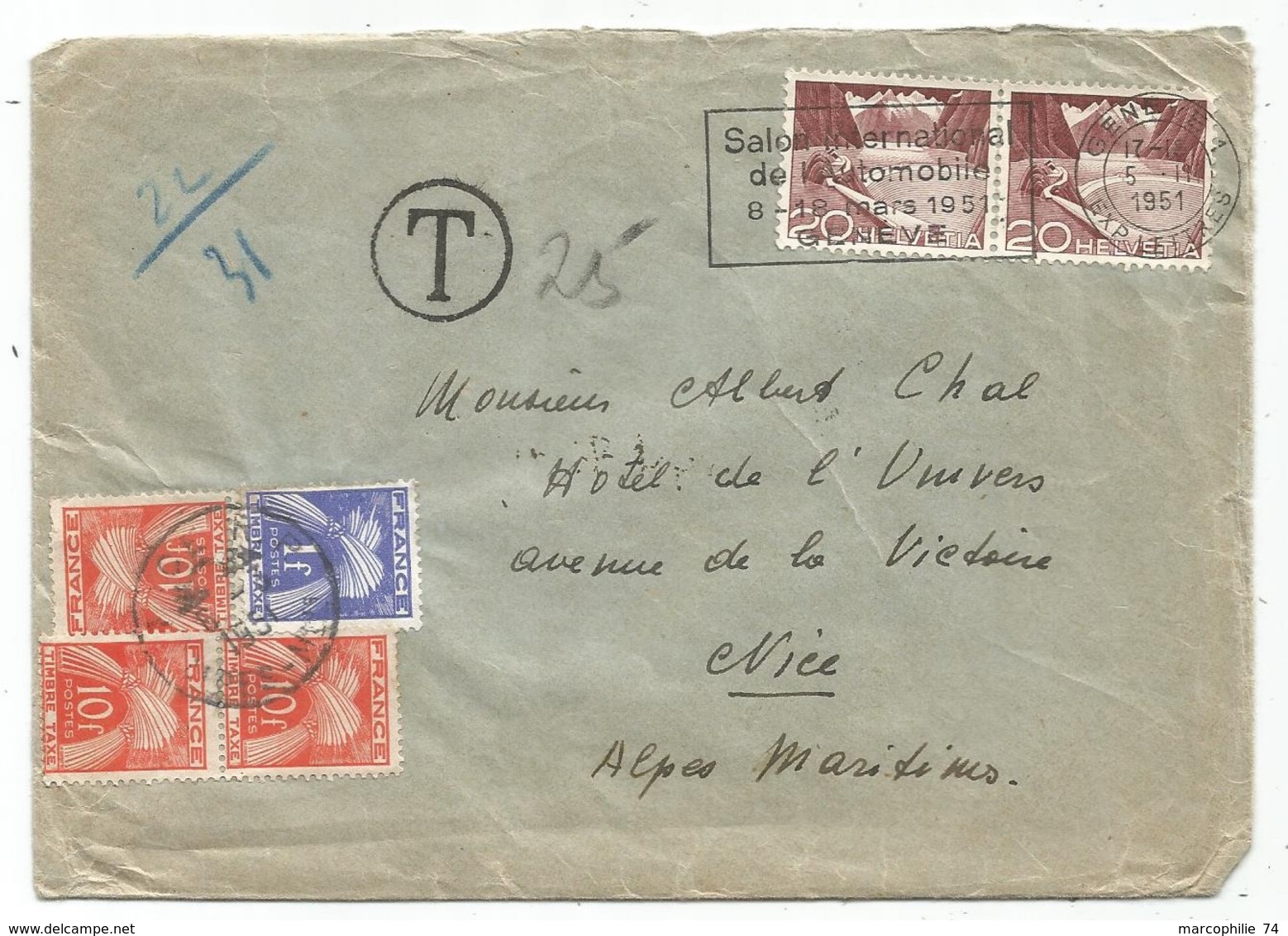 TAXE 10FRX3+1FR NICE 1951 LETTRE DE SUISSE HELVETIA 20CX2 GENEVE - 1859-1959 Cartas & Documentos