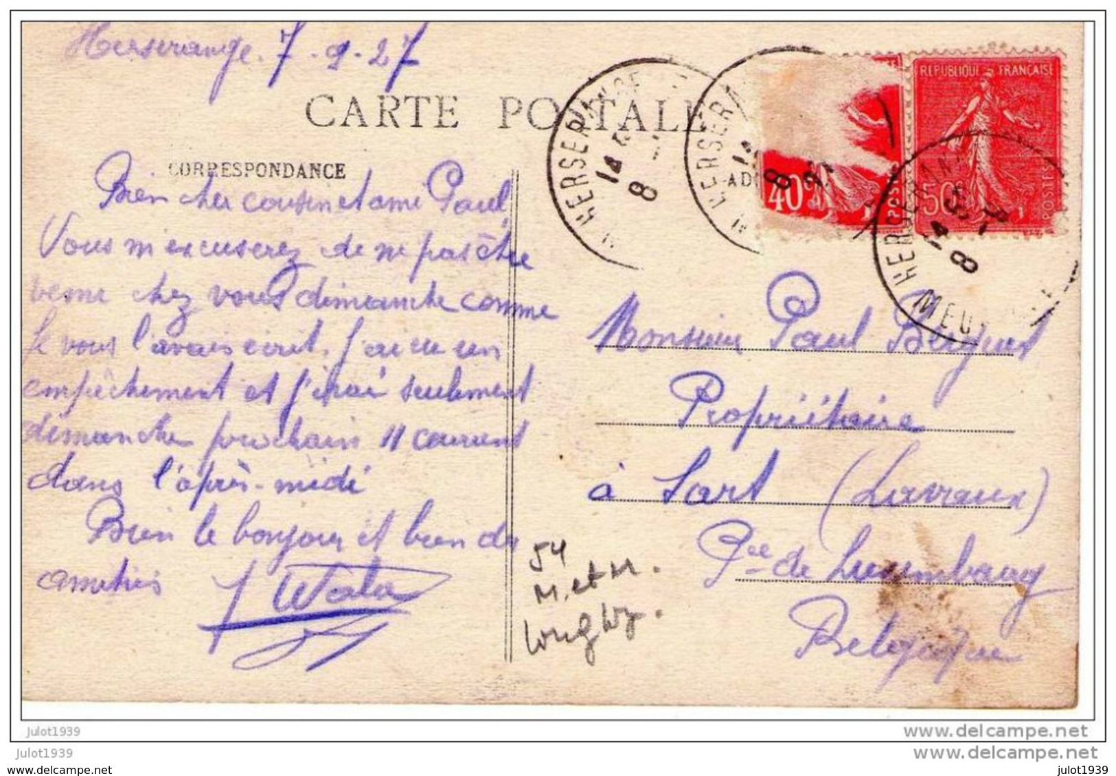 HERSERANGE ..-- 54 . Grand' Rue .1927 Vers SART , LAVAUX .     Voir Verso . - Longwy