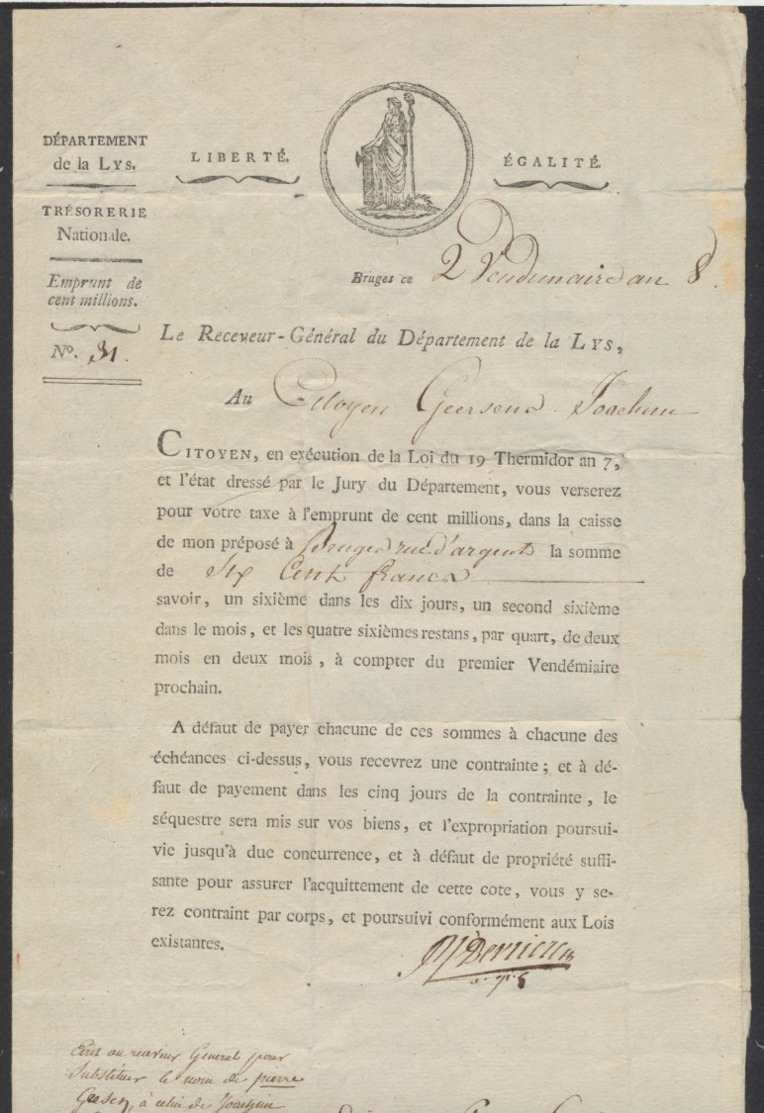 Précurseur - LAC Datée De Bruges Le 2 Vendémiaire (Année 8 De La République, 1799) Vers Ostende. "91 / BRUGES" - 1794-1814 (French Period)