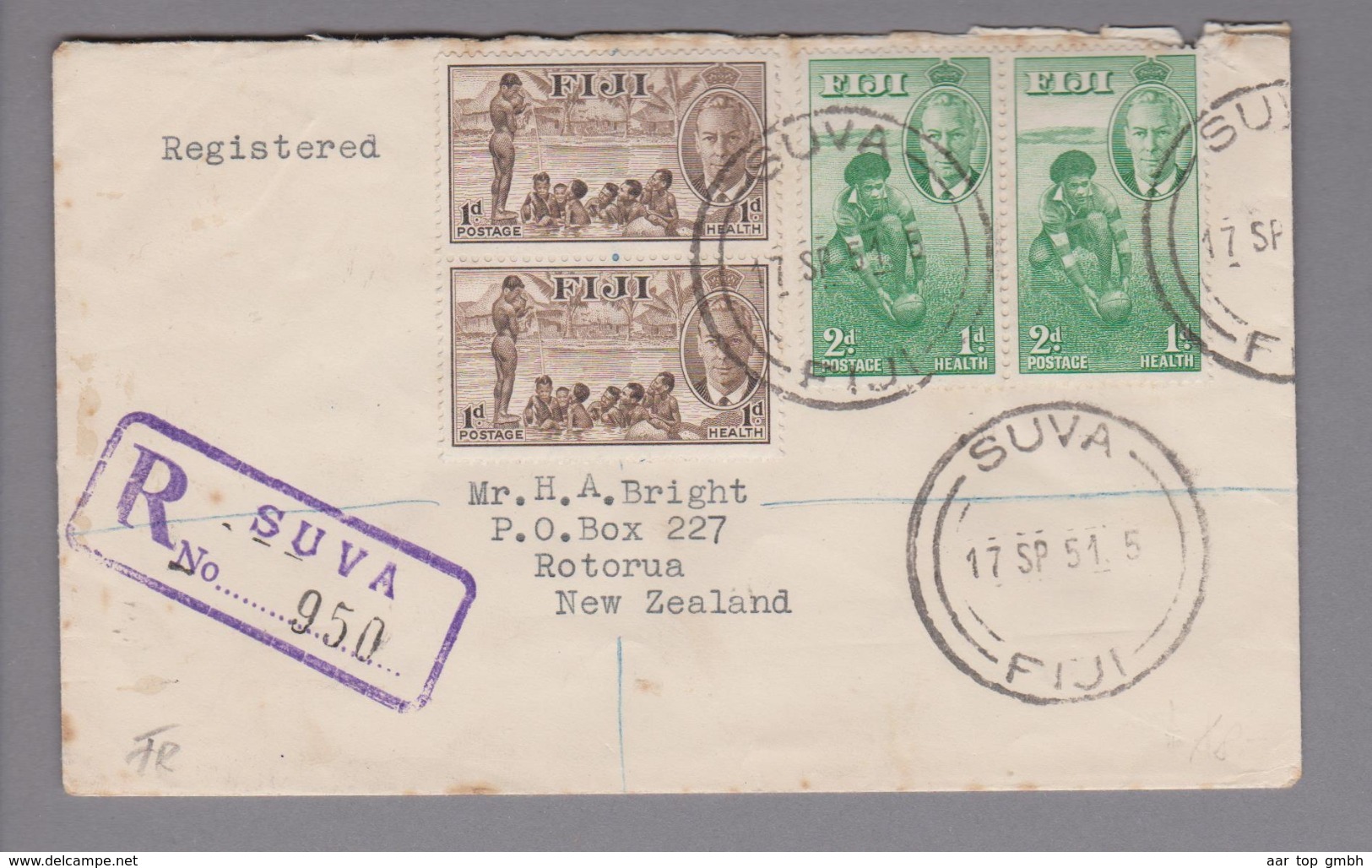 Ozeanien Fiji 1951-09-17 Suva R-Brief Nach Neuseeland - Fidji (1970-...)
