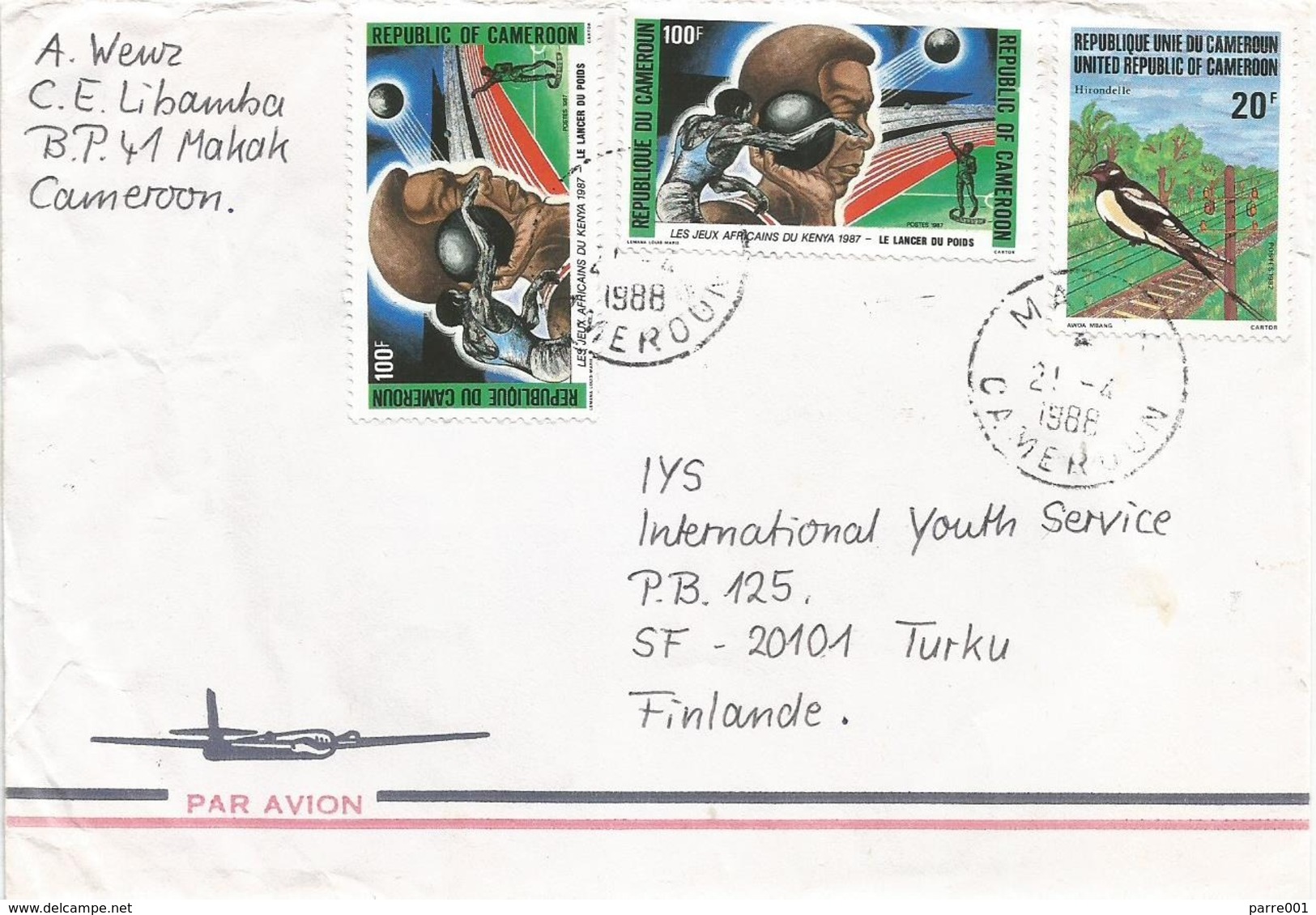 Cameroon Cameroun 1988 Makak Swallow Hirondelle Hirundo Rustica Weight Throwing Athletism Cover - Schwalben