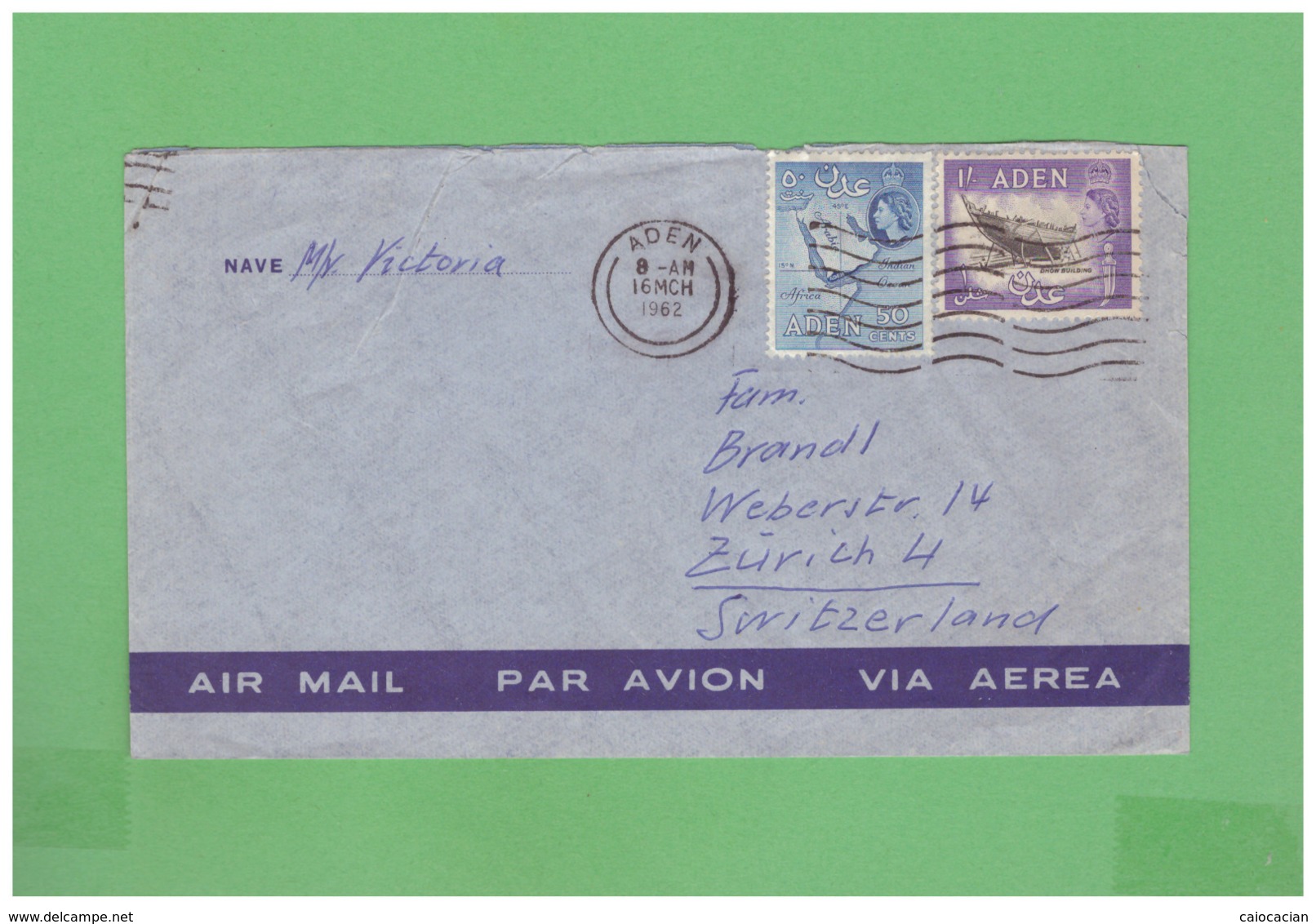 ADEN 1962 AIR MAIL COVERT WITH 2 DIV. STAMPS TO SWISS - Aden (1854-1963)